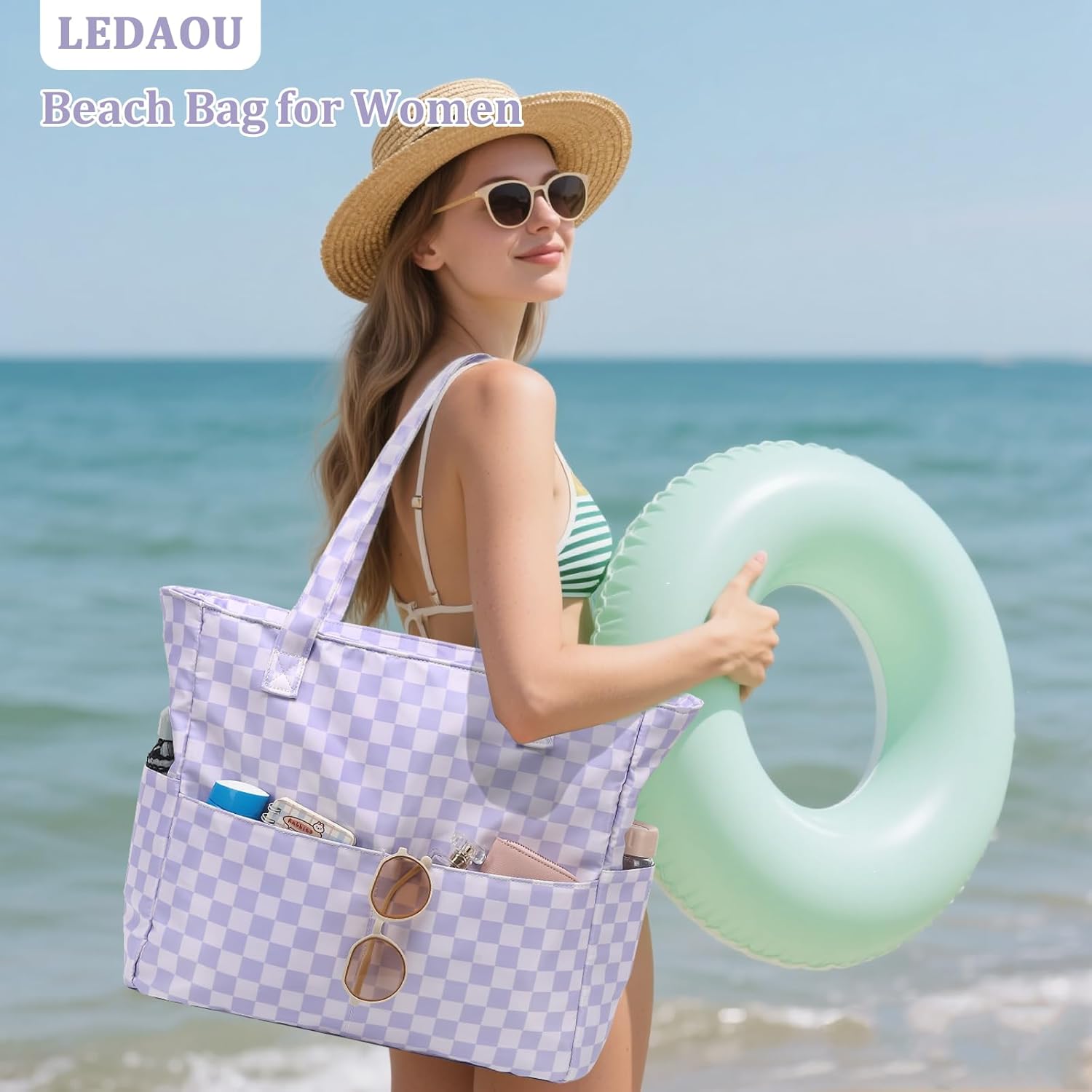 LEDAOU Large Beach Bag Women Waterproof Sandproof Zipper Beach Tote Pool Bag for Gym Grocery Travel with Wet Pocket | Waterproof, Sandproof, Zipper, Pool, Gym, Grocery - Image 4