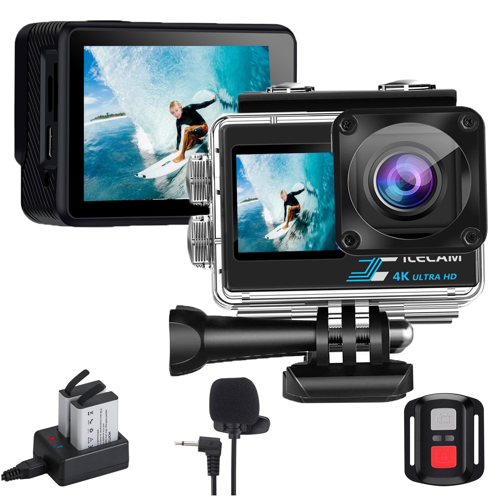 Xilecam Caméra Sport 4K WiFi Double écran Zoom étanche 131FT avec 2 Batteries 1350mAh