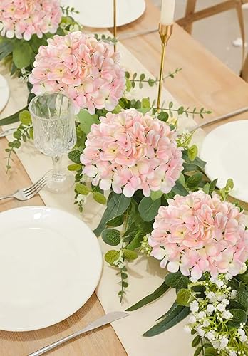 Miniatura 5 de Hollyone Hortensias artificiales de seda rosa de 7.4 pulgadas, 4 piezas de hortensias falsas grandes con tallos para bodas, fiestas, centros de