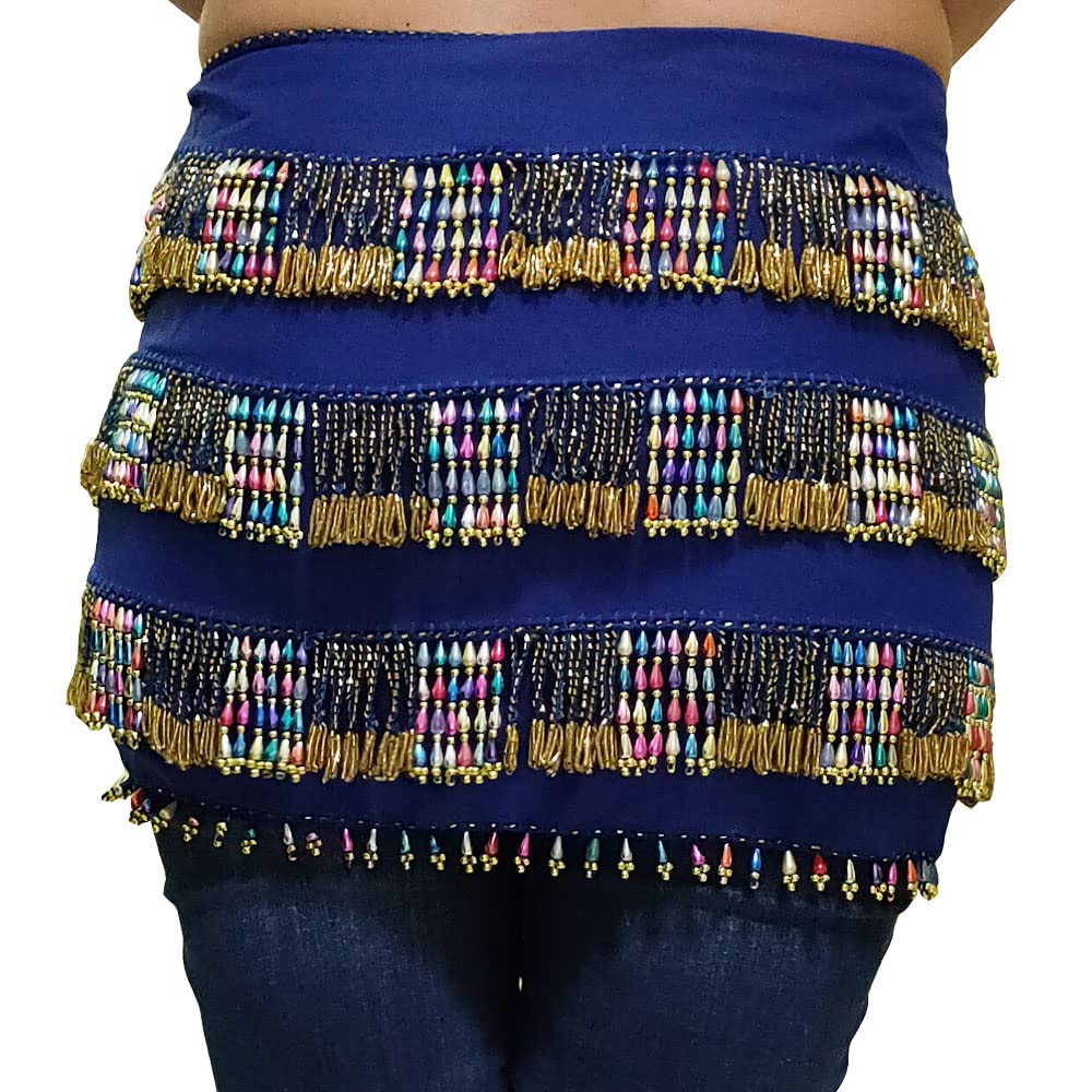 Bauchtanz Schal Hüfte Schärpe Perlen Handgefertigt in Ägypten (Blaugold)