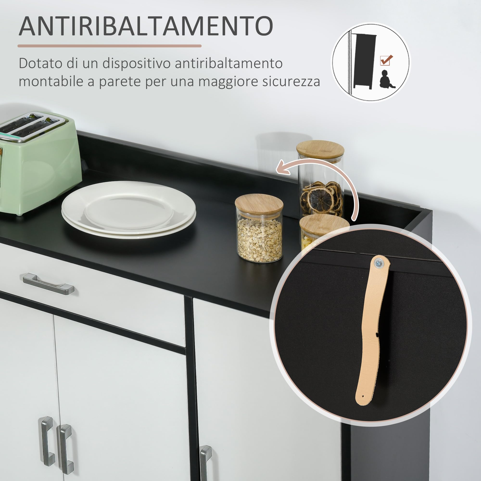 HOMCOM Mobiletto da Cucina Moderno in MDF con 2 Armadietti, 1 Cassetto e Ripiani Regolabili, 90x40x90 cm, Bianco e Nero