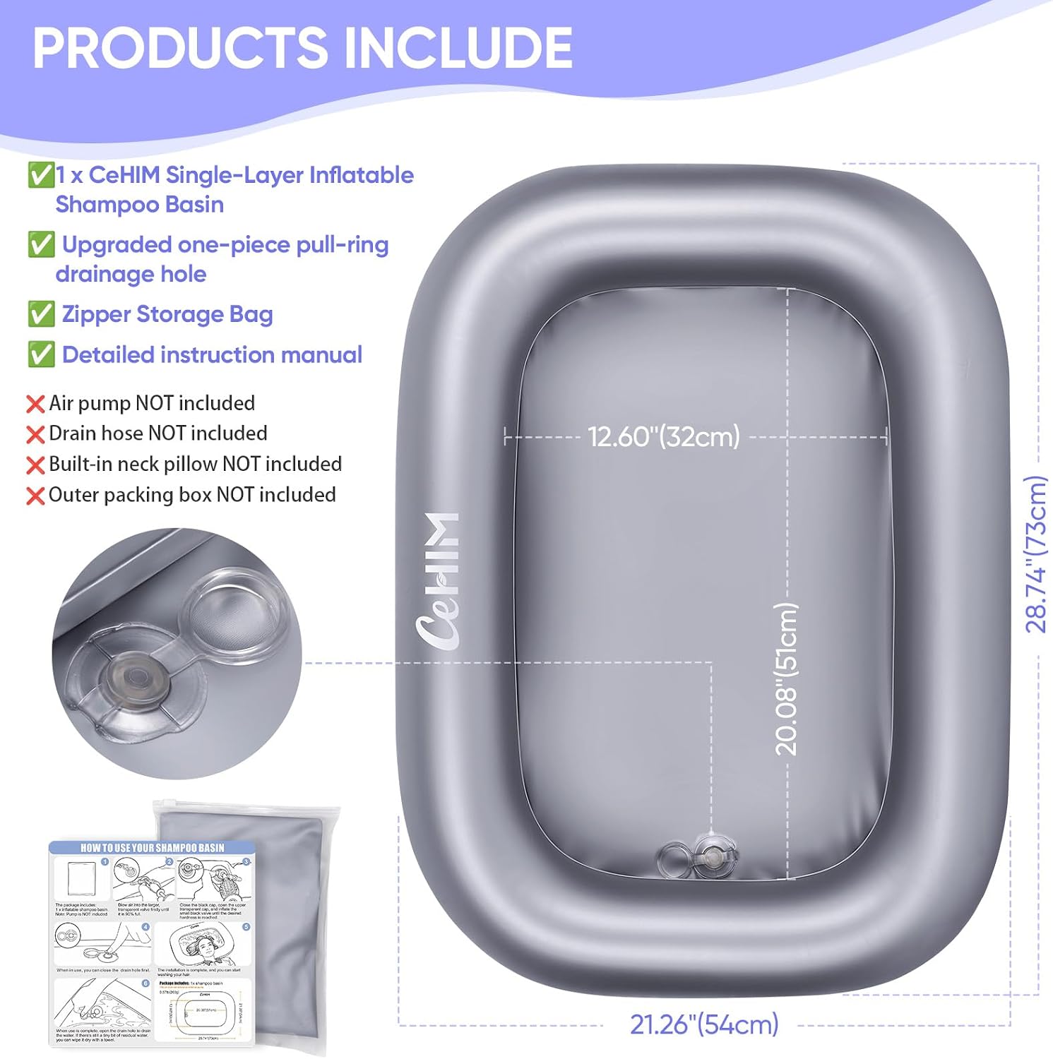 Inflatable Shampoo Basin, 20in Inner Diameter Single Layer Portable Hair Washing Sink for Bedridden Elderly Pregnancy Post Surgery