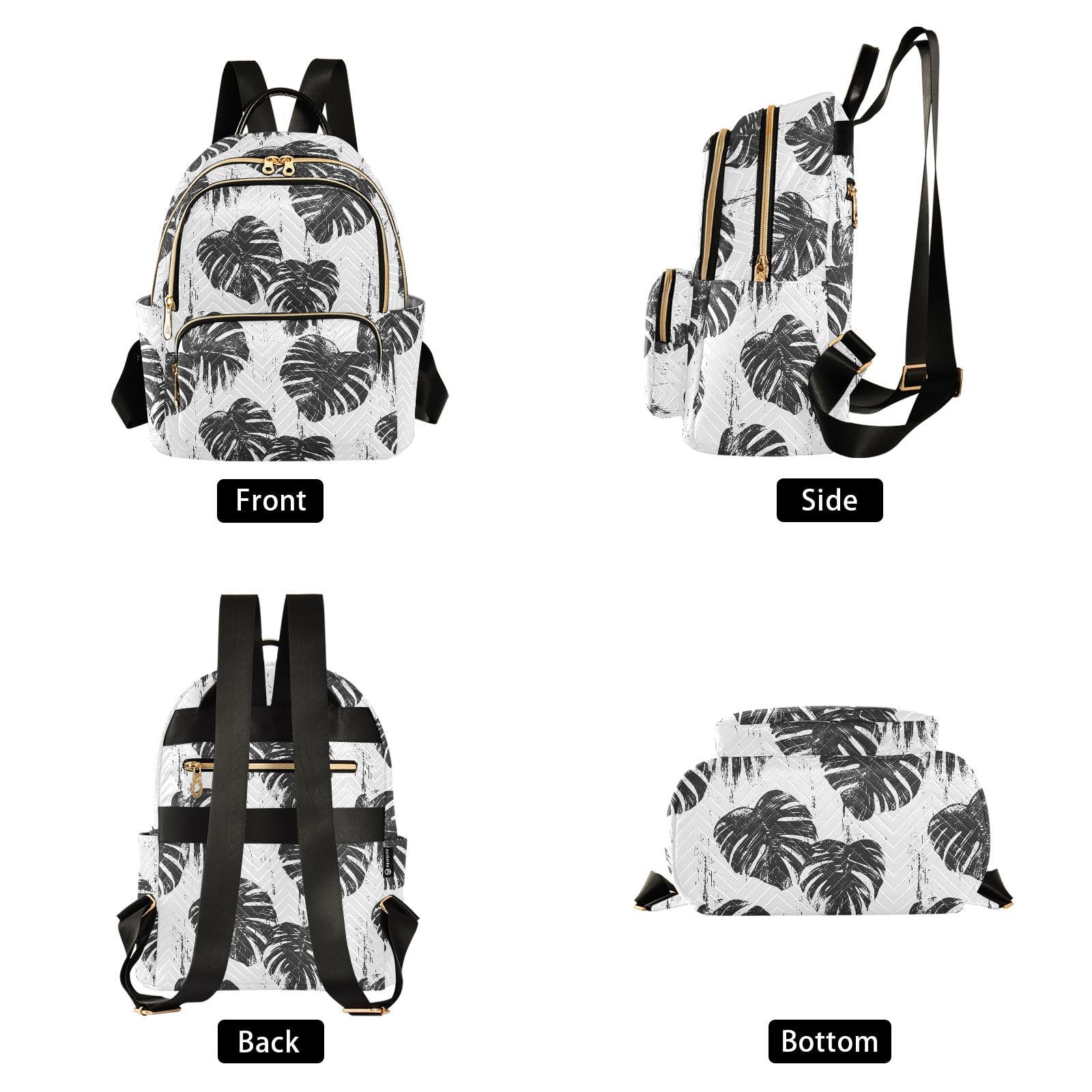 Women Fashion Backpack Purse Black White Monstera Leaves Mini Travel Backpack Ladies Shoulder Bag Work Daypack 14L