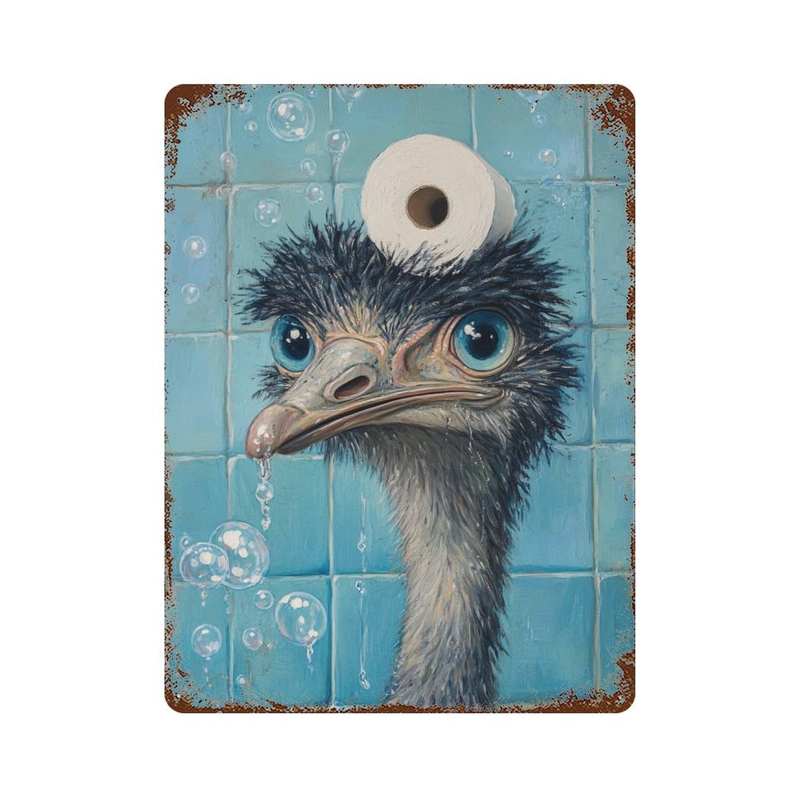 Retro Metal Sign Ostrich in Shower with Toilet Paper 15.7"x11.8", Decorative Metal Wall Art for Pub, Kitchen And Man Cave Decor