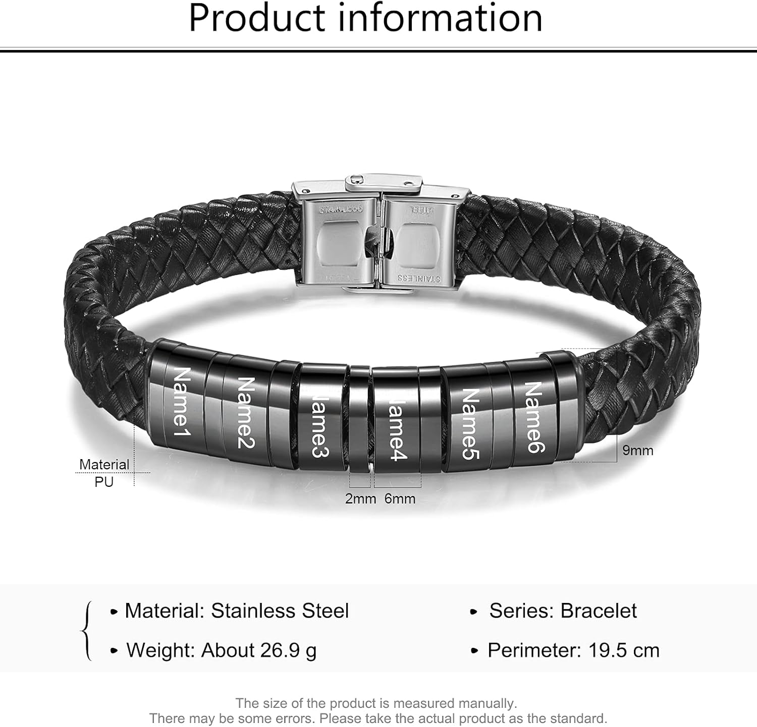 Personalized Men Black Braid 1-6 Names Bracelet Custom Made with Charm Beads Family Names Engraved Name ID Bracelet Jewelry Gift for Dad Boyfriend Birthday Gift for Father's Day