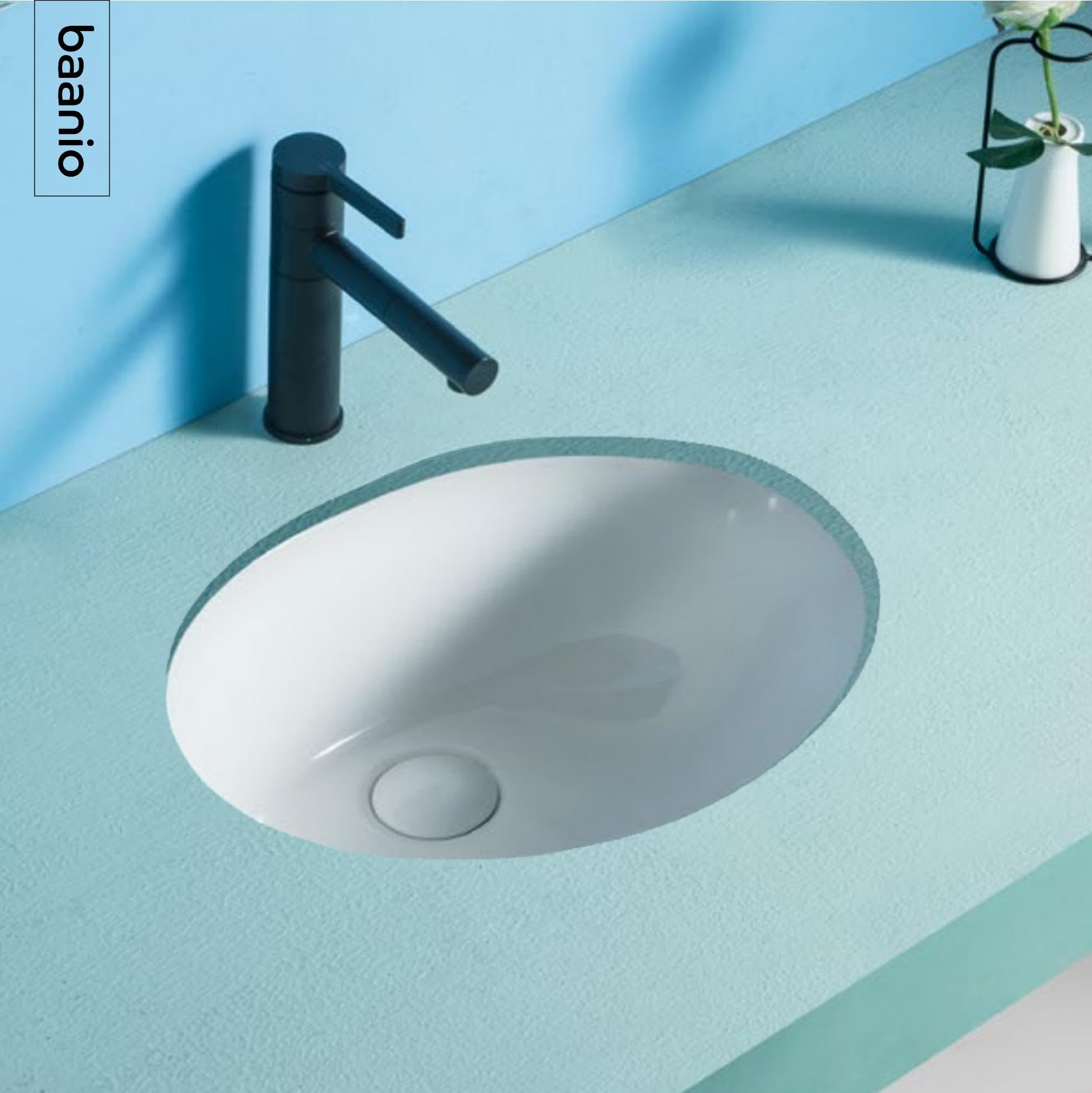 Mahón - Lavabo Bajo Encimera Ovalado de Porcelana Blanca 54x34x16 cm | Con Rebosadero y Sin Orificio para Grifo | Diseño Atemporal y Acabado Brillante