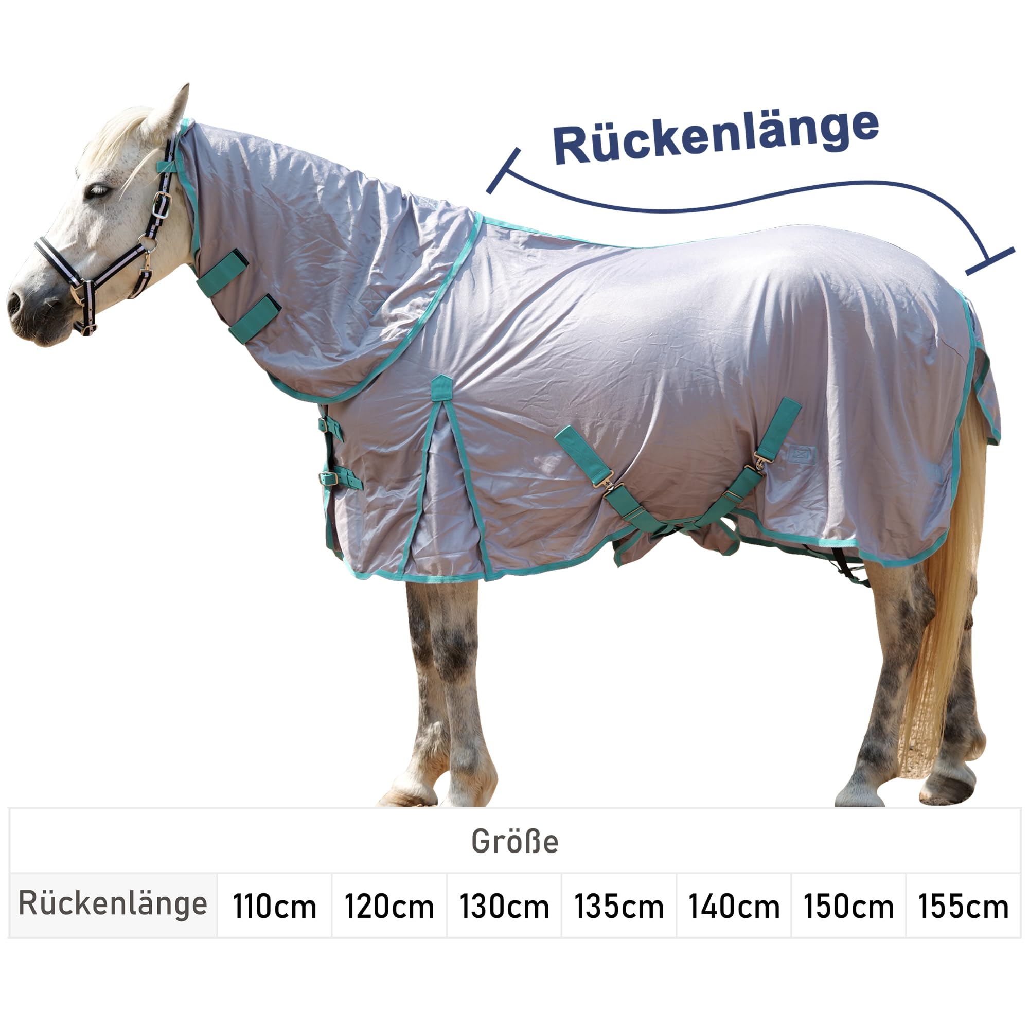 Fliegendecke Pferde mit Halsteil – atmungsaktive Sommerdecke mit UV-Schutz, Scheuerschutz, Gray 120 cm