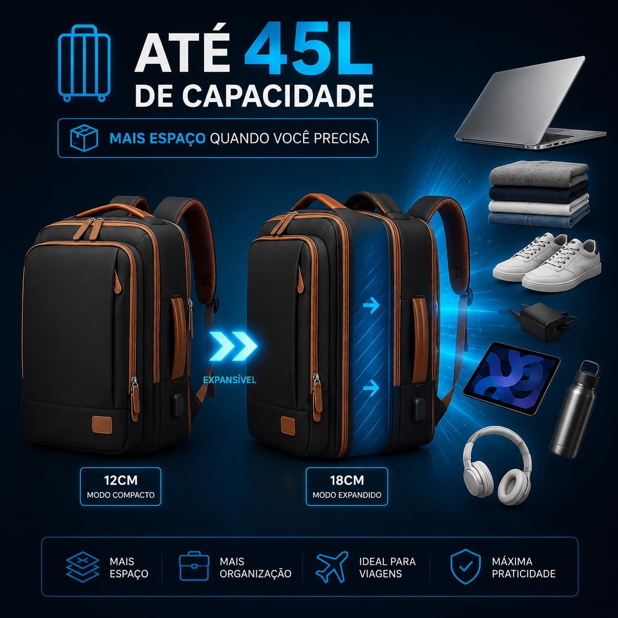 Mochila Expansível 45L Impermeável, Poliéster Premium, Compartimento para Notebook até 15,6", Porta USB, Abertura 180°, para Viagem e Trabalho Mochila Expansível 45L Impermeável, Poliéster Premium, Compartimento para Notebook até 15,6", Porta USB, Abertura 180°, para Viagem e Trabalho