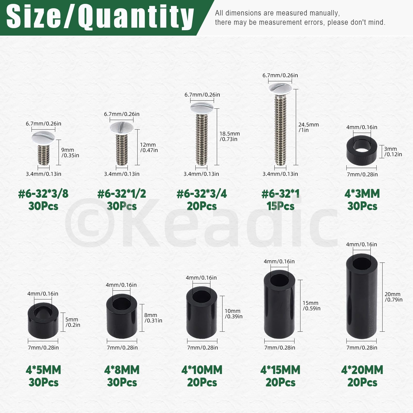 Keadic 245 unidades de tornillos de enchufe eléctrico, espaciadores, surtido, negro, nailon, espaciador, 6-32, tornillos de pared largos, para interruptor, separadores