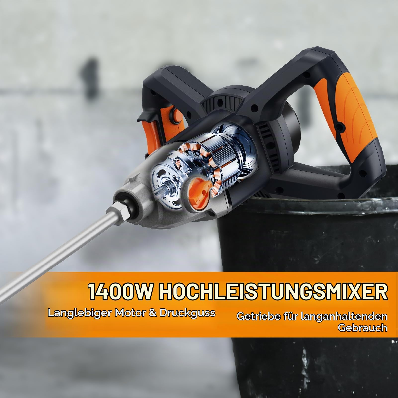 MAXXT 1400W Rührwerk mit 2-Gang-Getriebe & Sanftanlauf | M14 Rühreraufnahme | Dauerleistungsmotor | Inkl. 140mm Rührquirl + 2 Schlüssel | Leerlaufdrehzahl 0-480/800 U/min | 220-240V 50Hz