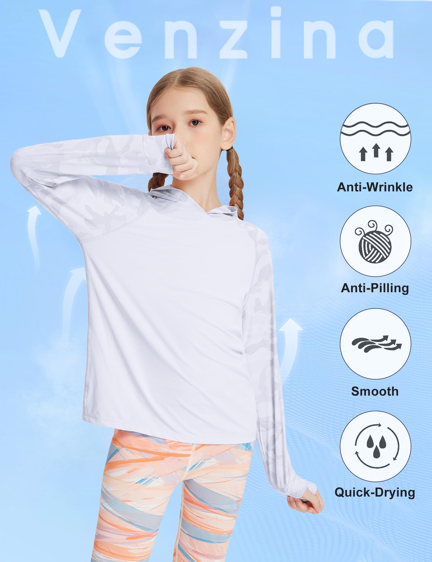 Venzina® Girls UPF 50+ Sun Shirt Boys And Girls Quick Dry Sun Protection Clothing Athletic Hoodie with Thumbholes-White-110 2