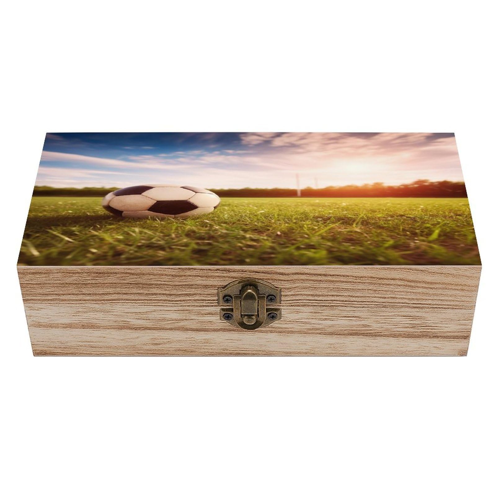 FekiLoot Natural Wooden Keepsake Box with Hinged Lid, 8x4 Inch Soccer Ball on A Field Memory Box, Wood Jewelry Organizer & Trinket Holder, Gift for Men Women Anniversary Wedding