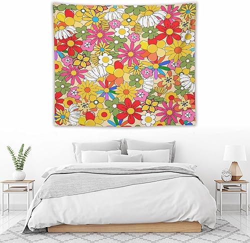 Miniatura 118 de Tapiz floral retro de los años 60 y 70, diseño hippie de primavera Groovy Flower Power Flower Boho para colgar en la pared, arte neutro para Hippie