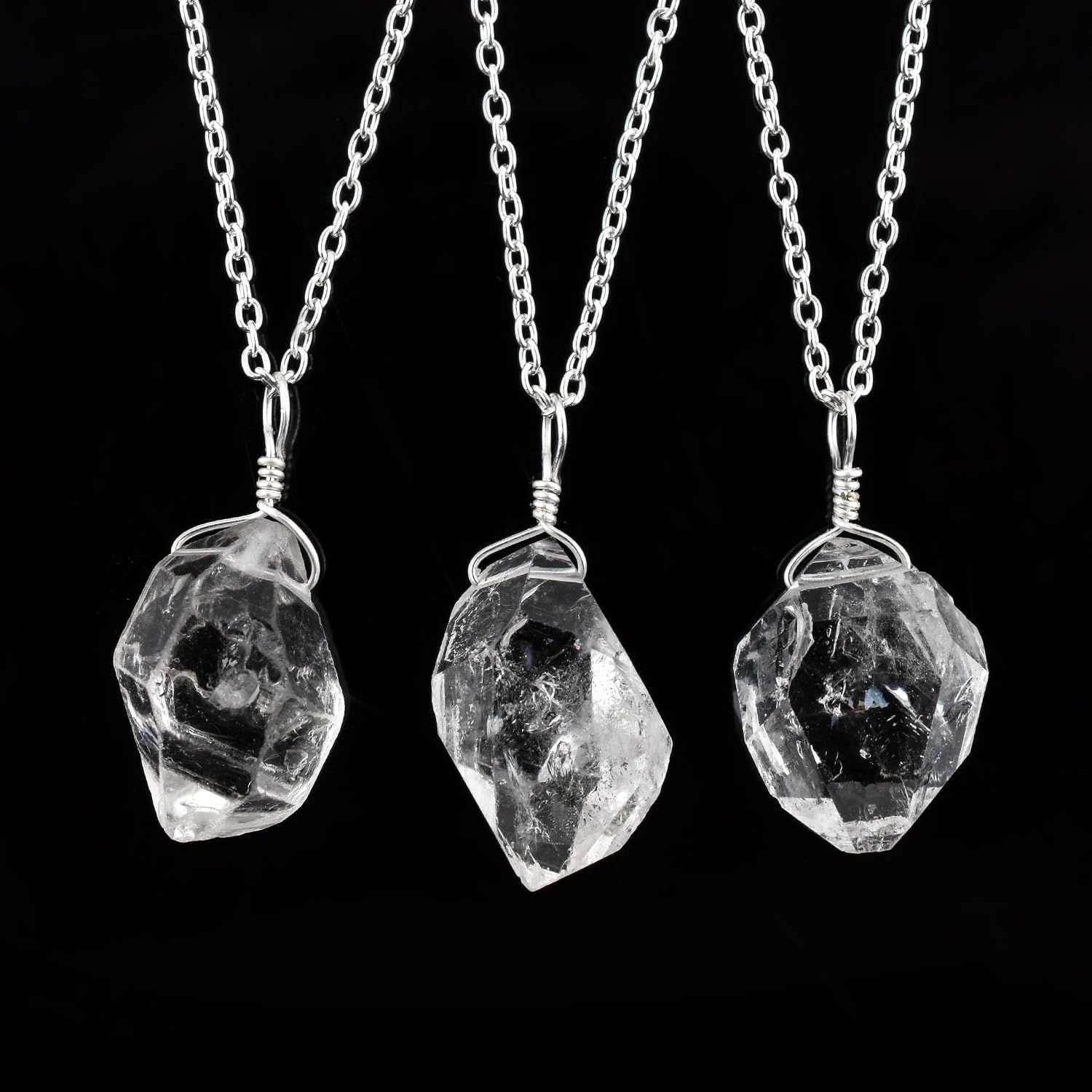 InfinityGemsArt Raw Herkimer Diamond Quartz Pendant Necklace Women, April Birthstone, Spiritual Energy, Power, Chakra Activator, Rough Crystals and Gemstone, Silver Plated Chain 18 inch