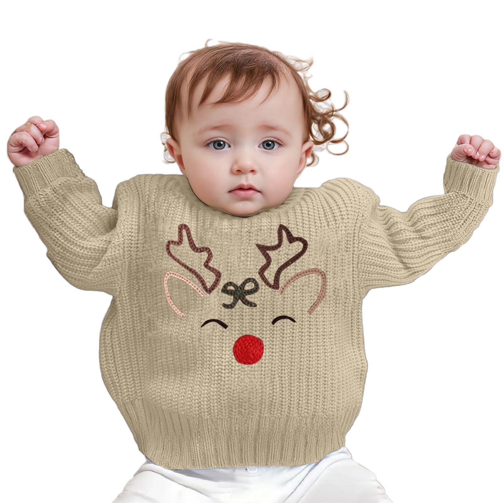 Generisch 2026 Winterpullover für Jungen mit handgesticktem Rentiermotiv, geeignet für Kleinkinder Babys, festlicher Pullover die Feiertage