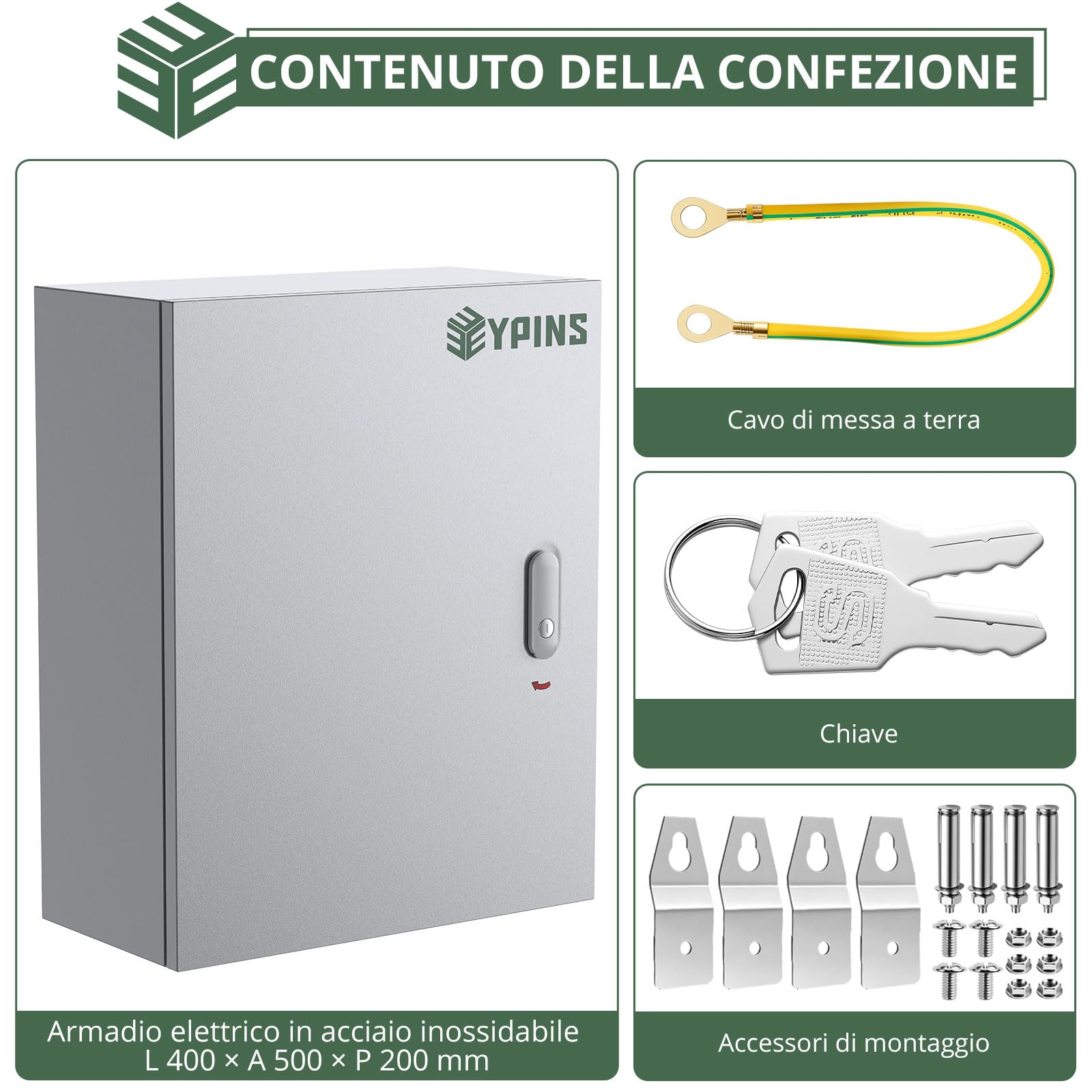 EYPINS Metalowa skrzynka rozdzielcza, wodoszczelna, 400 x 500 x 200 mm, obudowa elektryczna ze stali walcowanej na zimno z aluminiowym cylindrem zamykającym, zdejmowana płyta montażowa do garażu