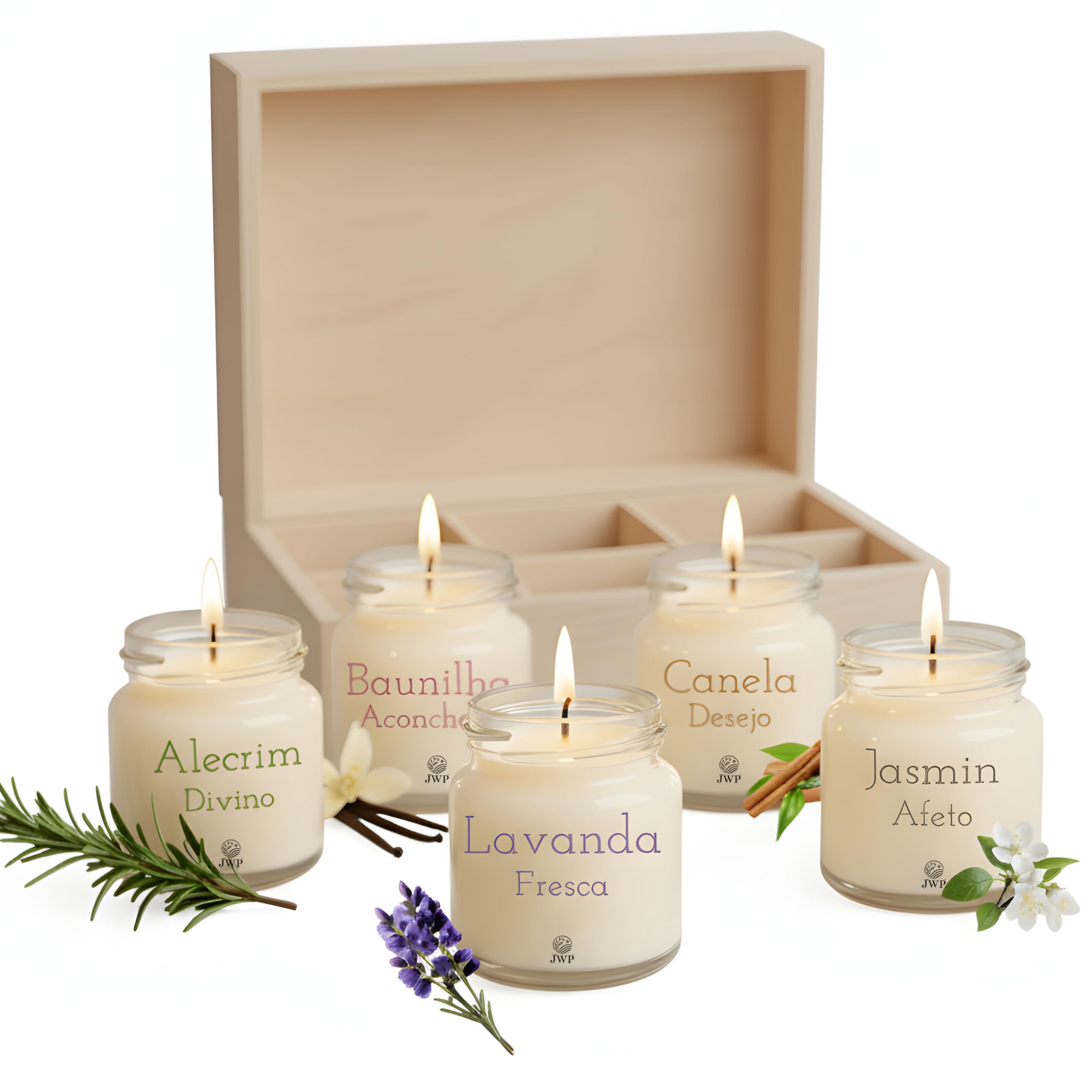 Kit 5 Velas Aromáticas Perfumadas | 50g cada - Alecrim, Baunilha, Lavanda, Jasmim, Canela - Fragrância Intensa - Cera de Coco e Soja