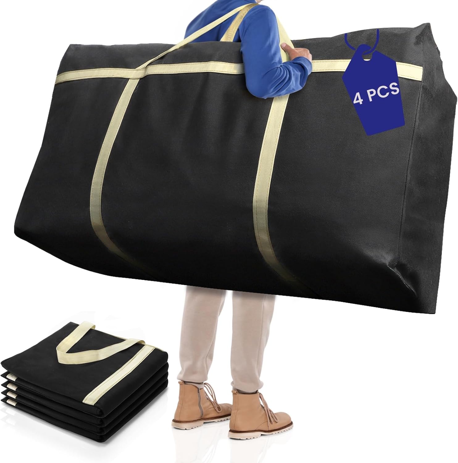 4 Pieces Extra Large Moving Bag, 150L Heavy Duty Storage Bag with Strong Zipper Handles, Black Jumbo Comforter Storage Organizer for Clothing, Pillow, Quilt, Blanket, Space Saving