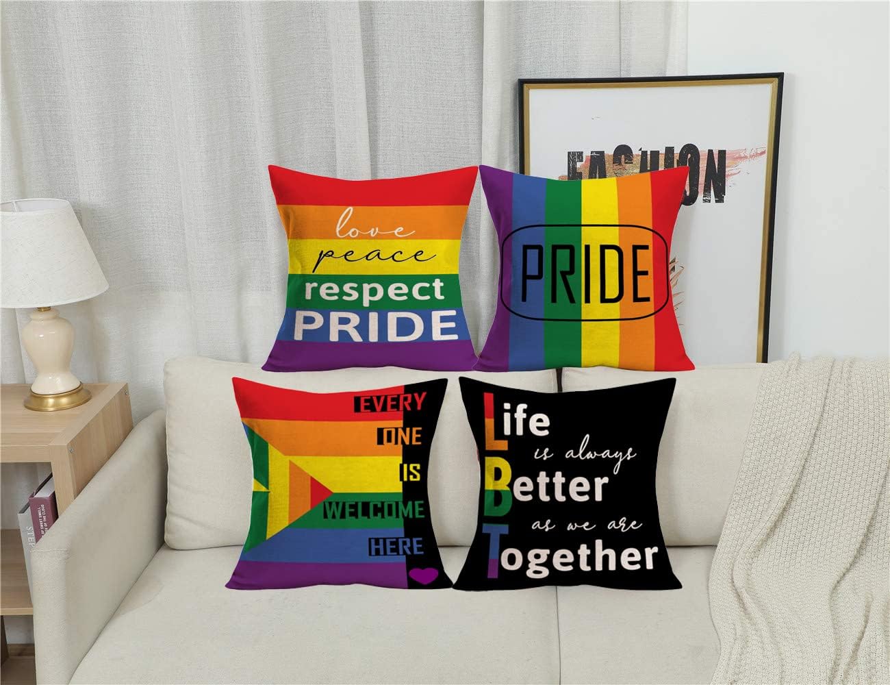 Set of 4 Pride Rainbow LGBT Throw Pillow Covers 20x20 Inch Love Peace Respect Gay Homosexual Lesbian Pride Stripes Pillow Cases Inspirational Quotes LGBTQ Home Decor Cushion Cover