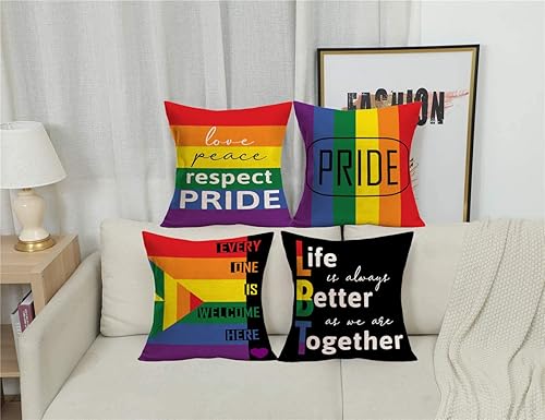 Miniatura 5 de Juego de 4 fundas de almohada de 24 x 24 pulgadas, diseño de arco iris, diseño de amor, paz, respeto, gay, homosexual, lesbiana, a rayas, con citas