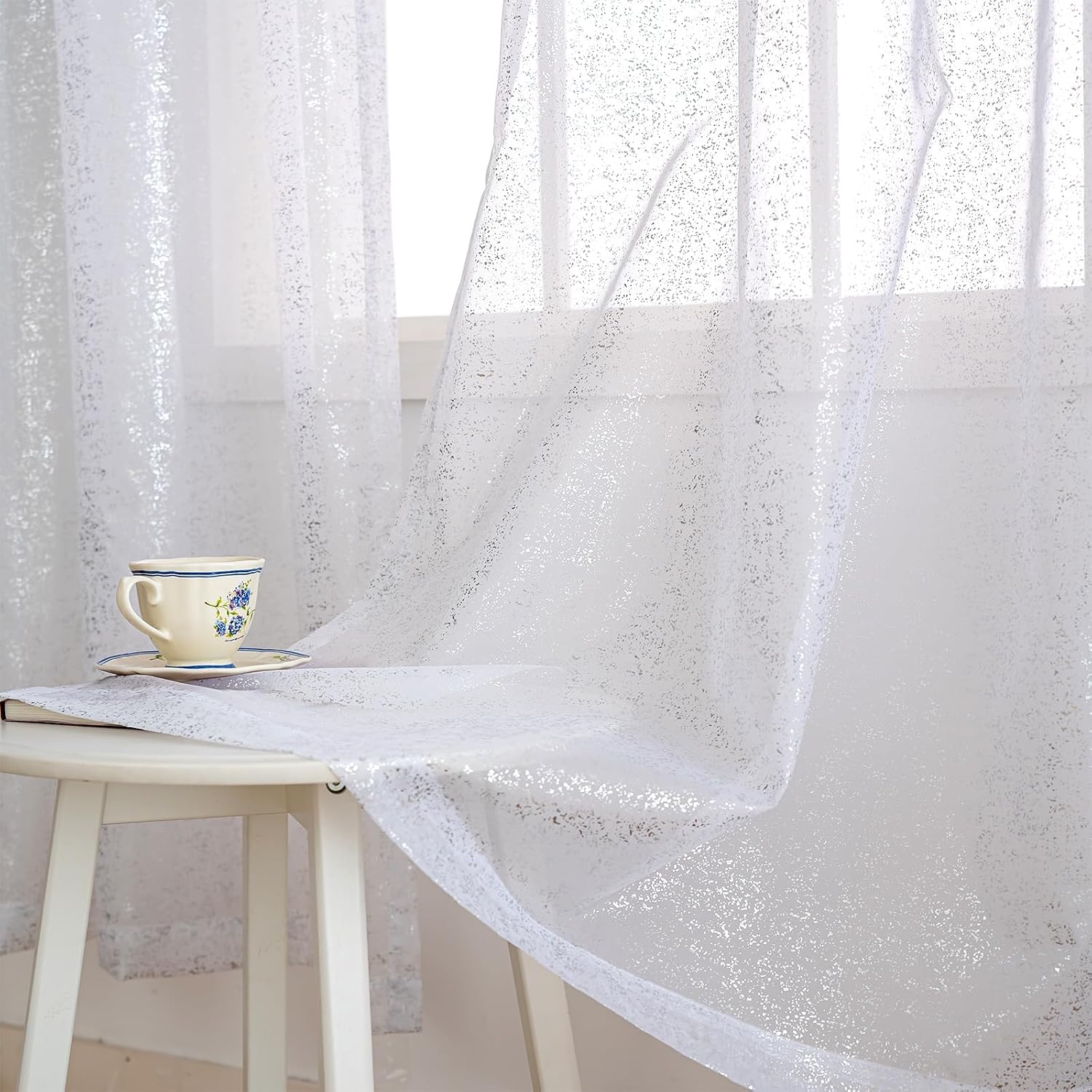 White Sheer Curtains 84 Inches Long, Silver Mist Sparkle Metallic Window Curtain Panels, Light Filtering Voile Curtains for Bedroom Living Room, 42 x 84 Inch, Pack of 2