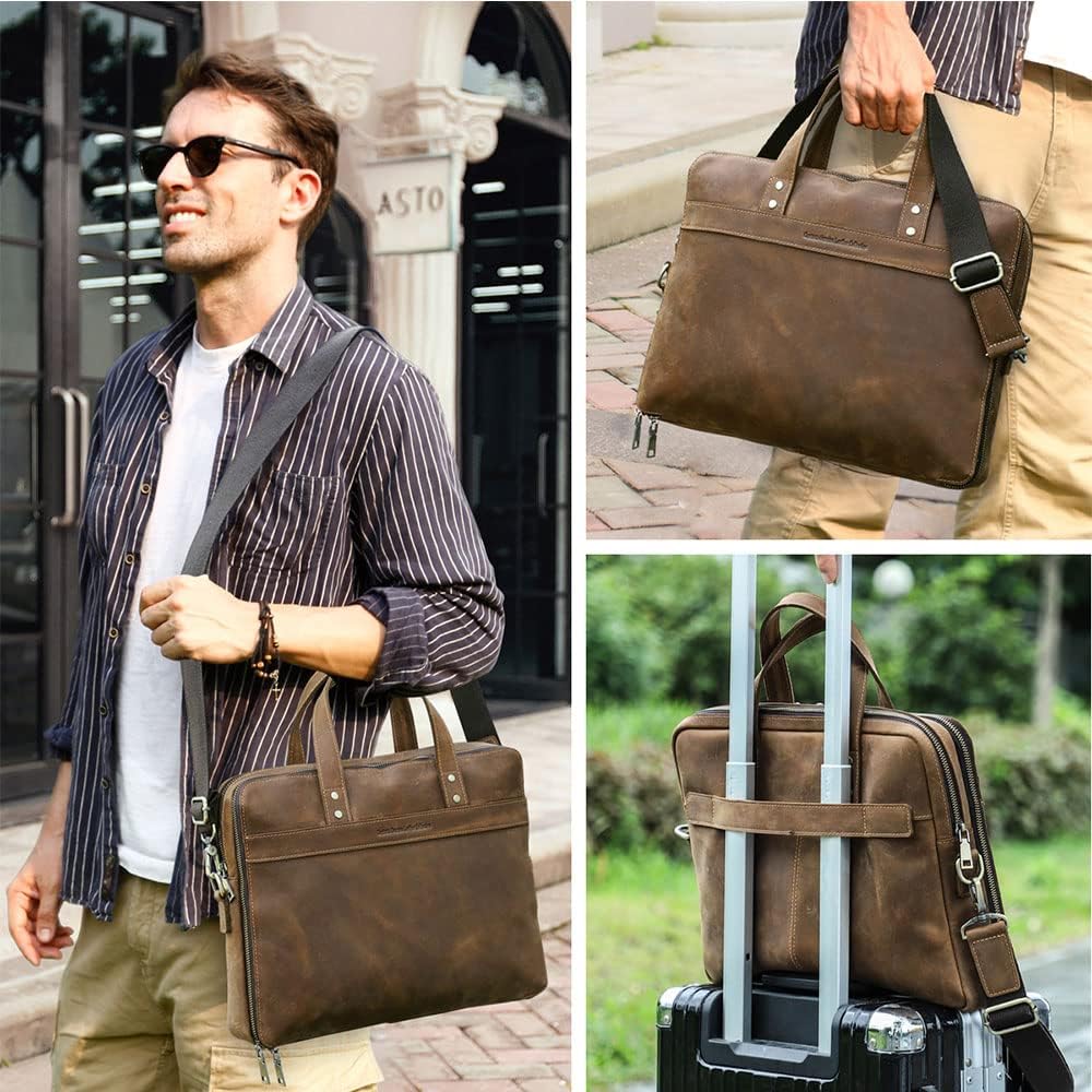 Contacts Laptop Bag Leather Messenger Bag for Men Vintage Computer Briefcases Travel Satchel Shoulder Handbag Bag - Image 2