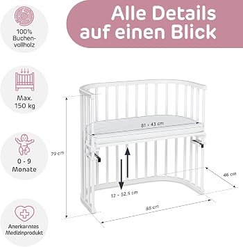 babybay Original Side Bed Solid Beech Wood / Compact & Transformable / Cot Height Infinitely Adjustable Environmentally Friendly / Grows with Your Child (White Lacquered) / Includes Mattress