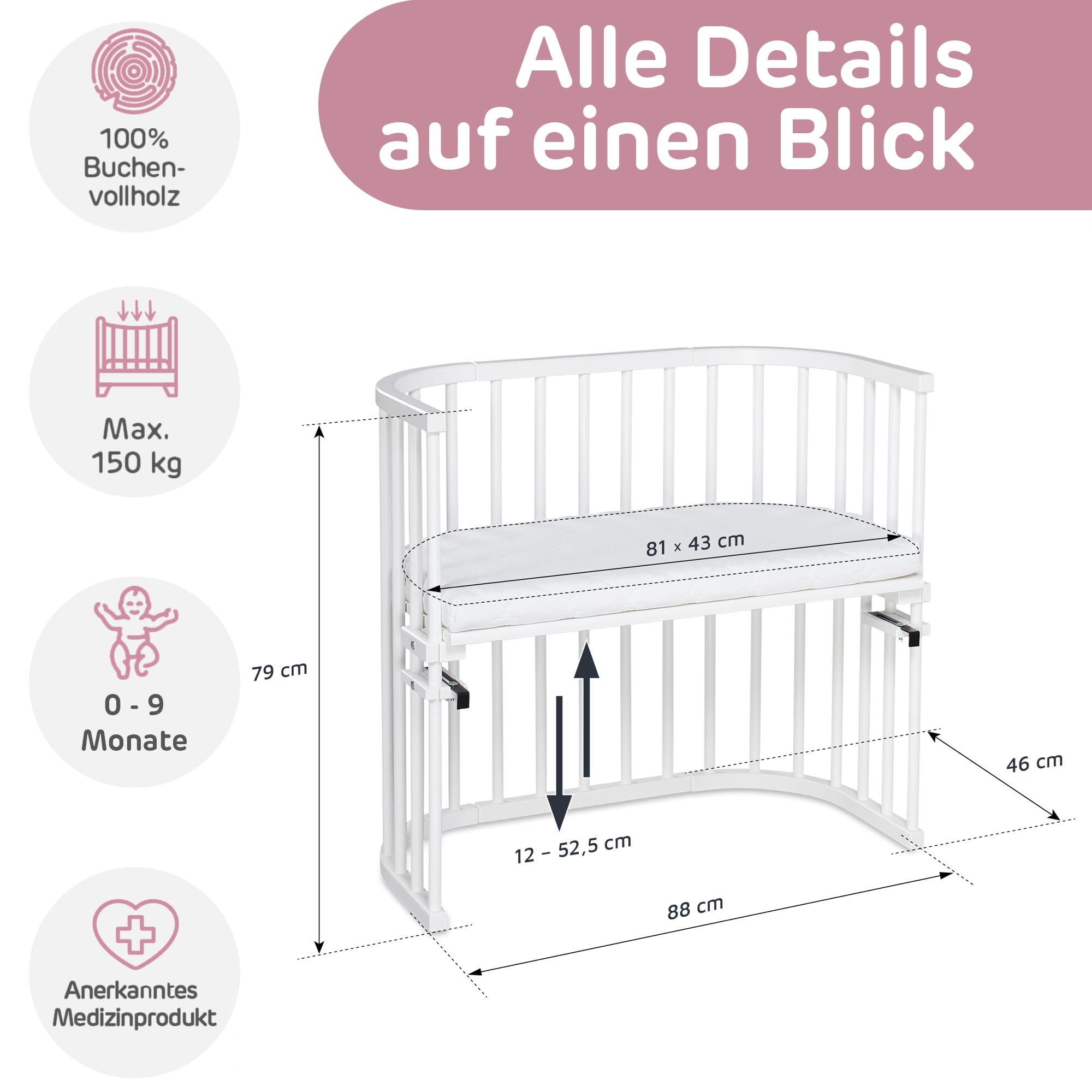 babybay Oryginalne łóżko dostawiane z litego drewna bukowego z materacem Classic Soft na dzień i na noc I łóżko dziecięce z regulacją wysokości i przyjaznym dla środowiska I rosnące wraz z dzieckiem lakierowane na biało)