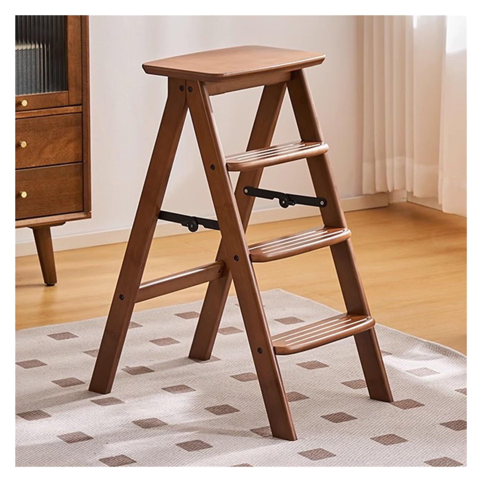 WIGSELBL Escabeau pliant en bois à 3 marches, tabouret de rangement en bois 2-en-1 avec étagère à fleurs pour la cuisine de la maison, escabeau antidérapant portable (quatre marches)