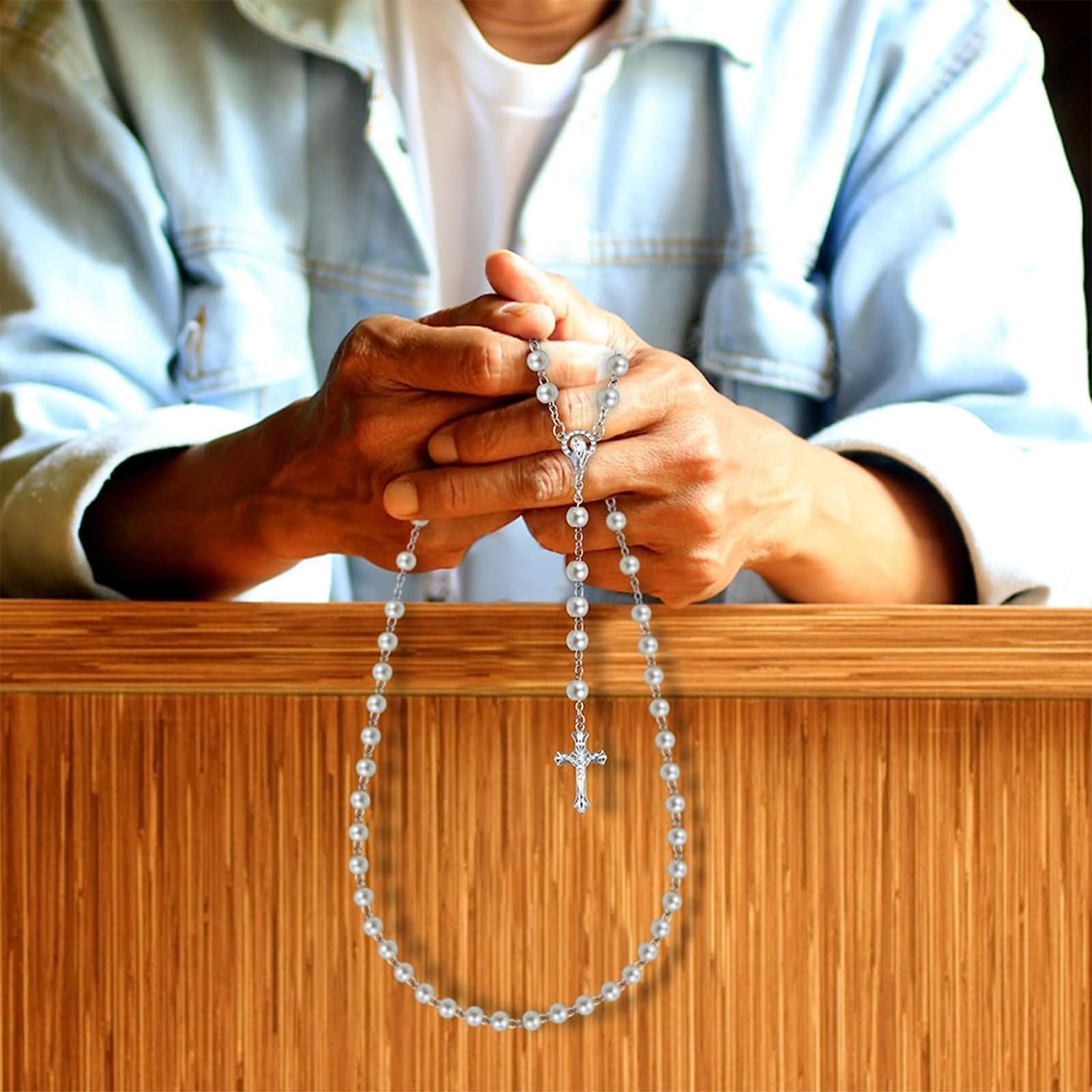 Rosario cattolico collana perle finte bianche 35,5 cm