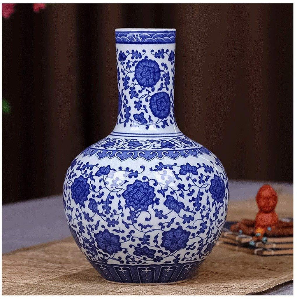 Vase en céramique bleu et blanc pour décoration de salon et meuble TV intérieur