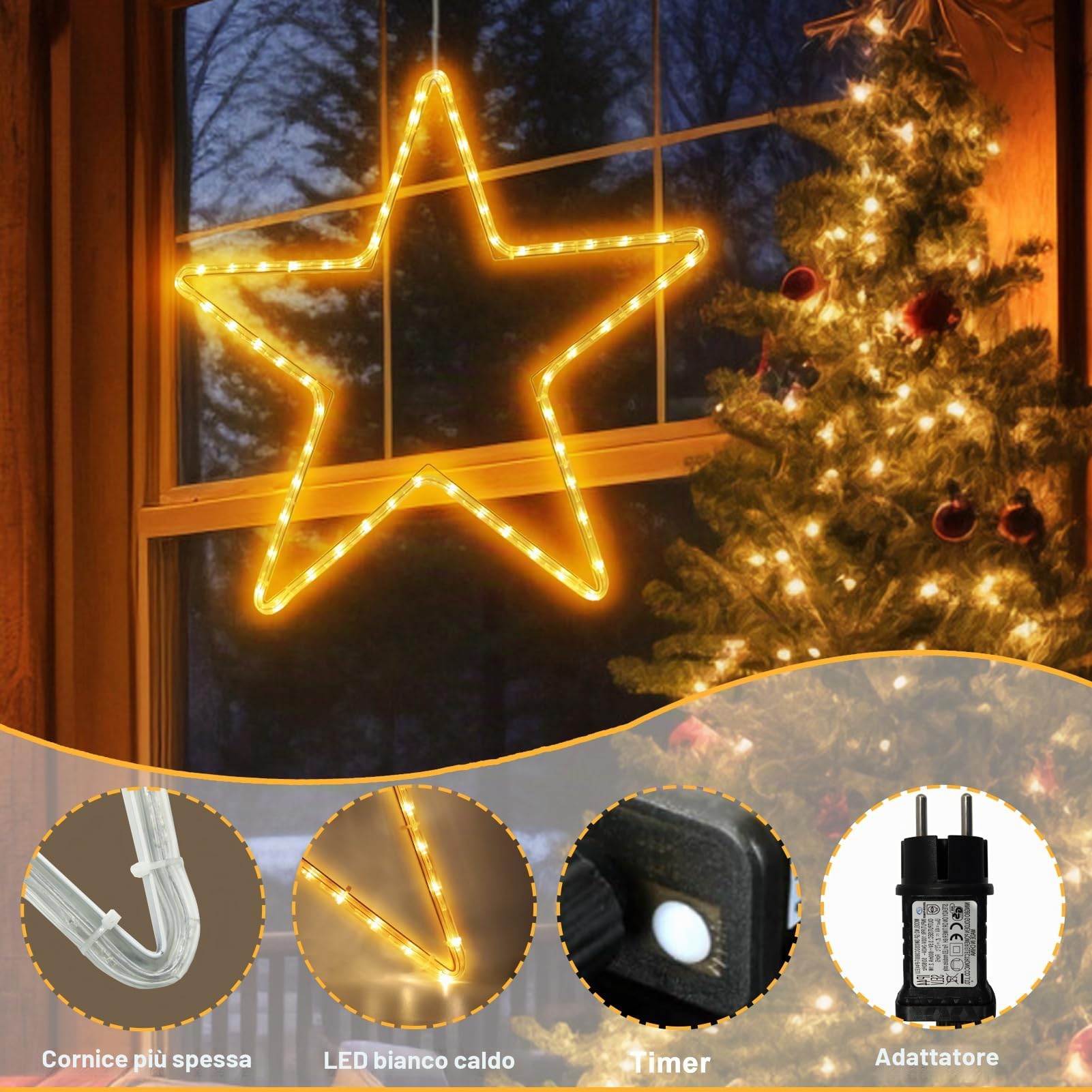 DBFAIRY Luci a stella di Natale, 40 LED, con timer, impermeabili, grandi stelle luminose, con spina per interni ed esterni, decorazione natalizia (bianco caldo)