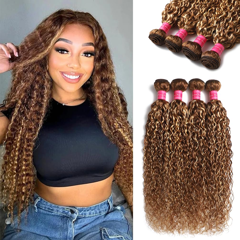 Borchan Highlight Bundles Human Hair Honey Blonde Bundles Water Wave 100% Brazilian Virgin Remy Hair Ombre 4/27 Colored Human Hair for Women 16 18 20 Inches Sew In Weave