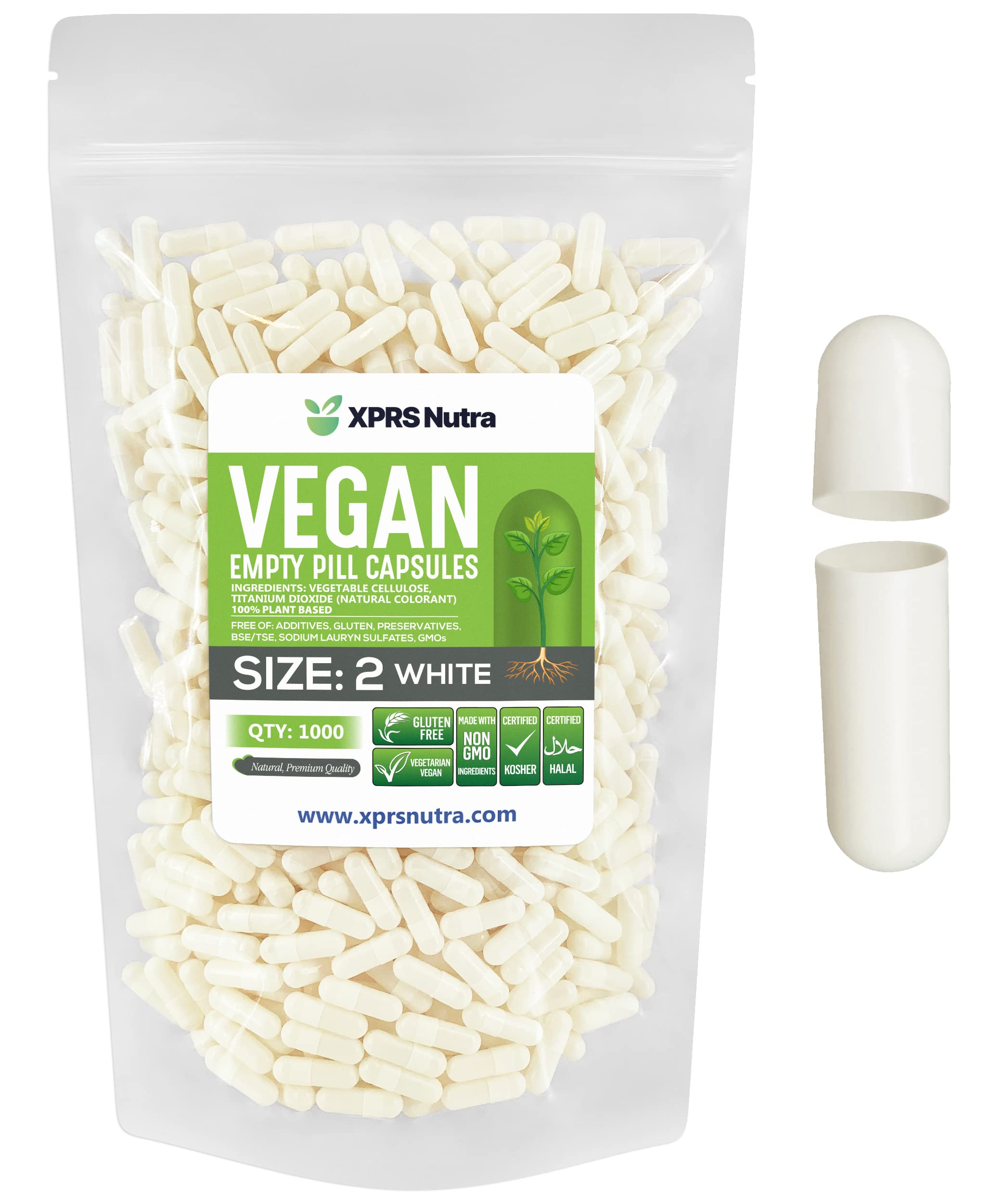 XPRS Nutra Size 2 Empty Capsules - 1000 Empty Vegan Capsules - Vegetarian Empty Pills - DIY Vegetable Capsule Filling - Veggie Caps Pills (White) 1000 Count (Pack of 1) White