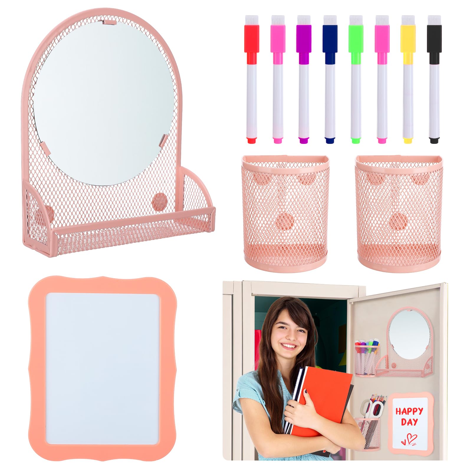 ANPHSIN Strong Magnetic Locker Accessories for Girls - 12pcs Locker Organizer Kit, Includes Mirror, Whiteboard, 2 Pen Holders, 8 Markers, Back to School Supplies Decor, Pink