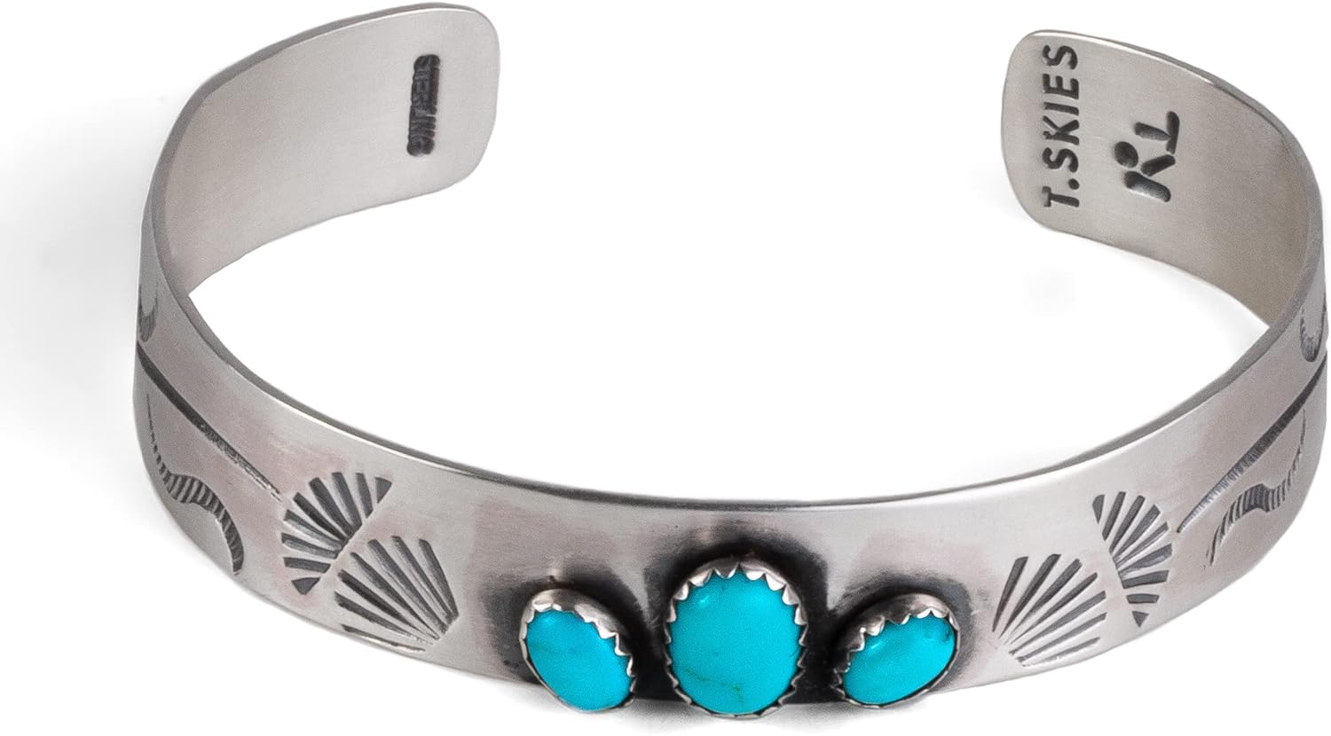 Turquoise Skies TSKIES Stamp Dancer: Three-Stone Turquoise Yucca Sterling Silver Bracelet