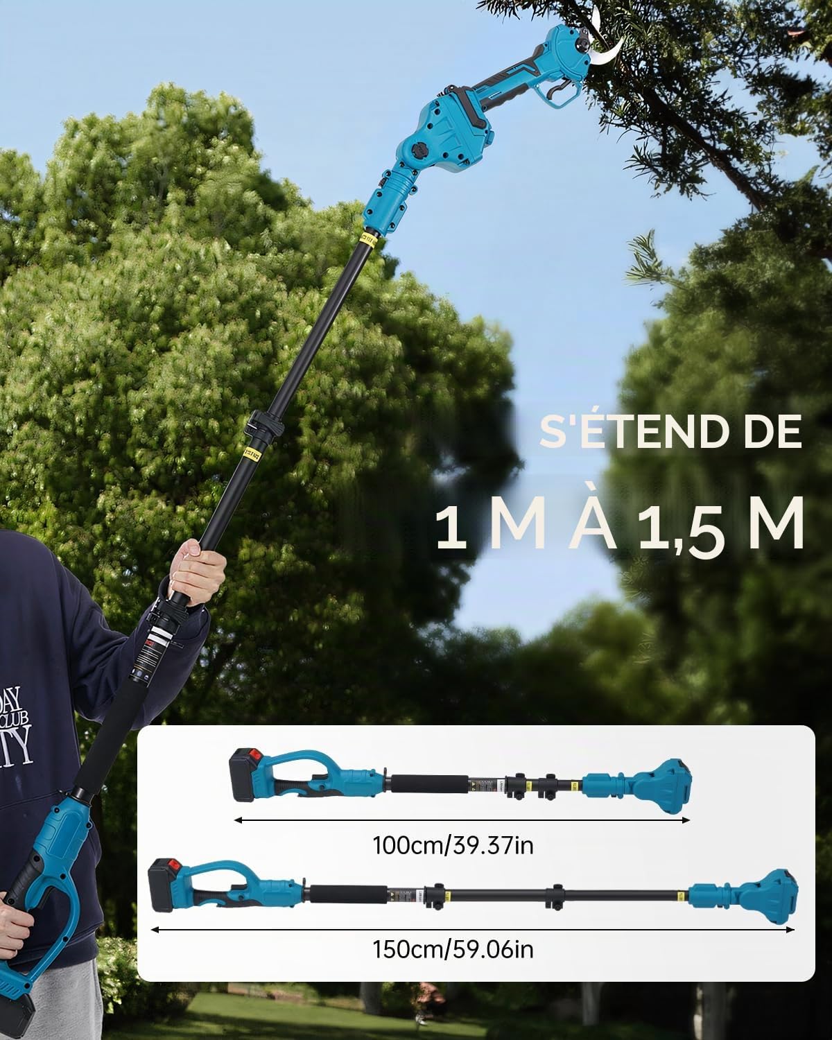 Sécateur Électrique Télescopique, 40mm Sécateur Electrique Sans Fil avec 21V 2x4.0Ah Batterie, SK5 Lame tranchante, Moteur Brushless, Sécateur de Jardin pour Vigne, Jardinage