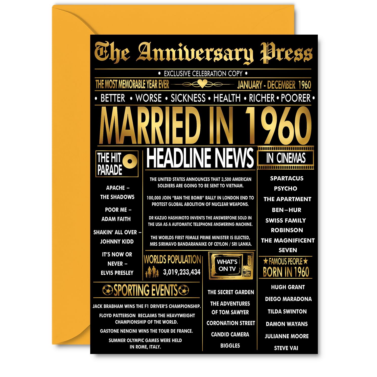 Gold 66th Anniversary Card for Men Women - Golden Newspaper Married in 1960-66 Year Wedding Anniversary Card for Companion Husband Partner Wife, A5 Anniversaries Greeting Cards