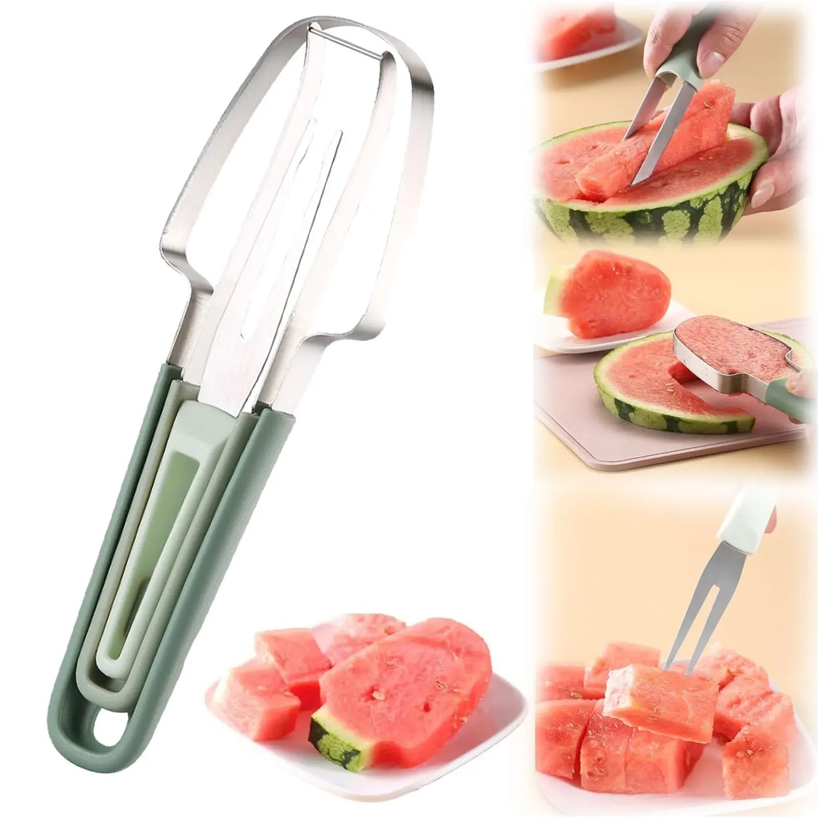 Missffcat 3-in-1 Watermelon Cutter Slicer Tool - Ergonomic Stainless Steel Fruit Cutter for Easy Serving and Fun Popsicles(Green)