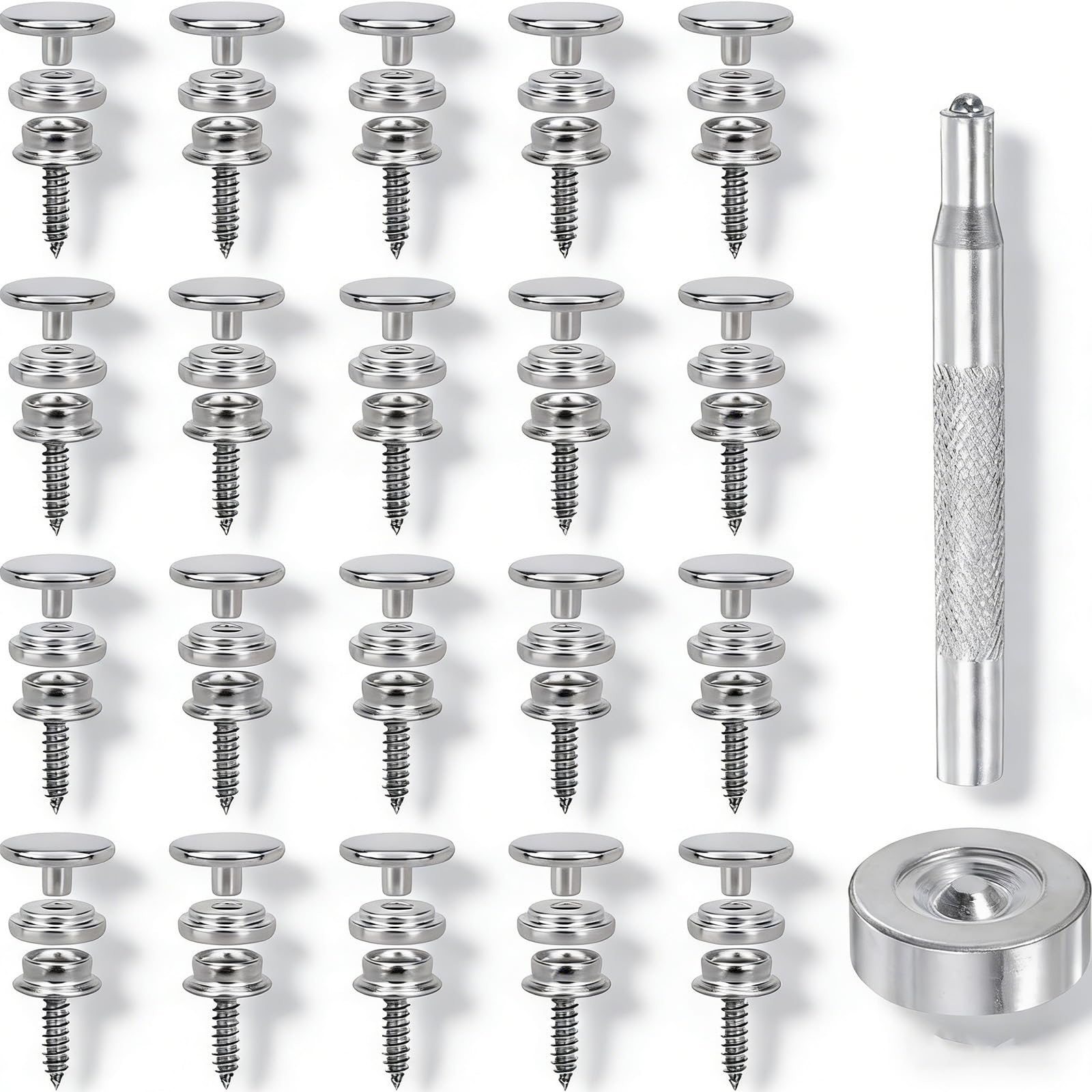 62 Pcs Press Stud Snap Fasteners Kit, Stainless Steel 10mm Heavy Duty Canvas Snap Button Suitable for Boat Canopy, Wood Craft, Leather and Other Outdoor Use