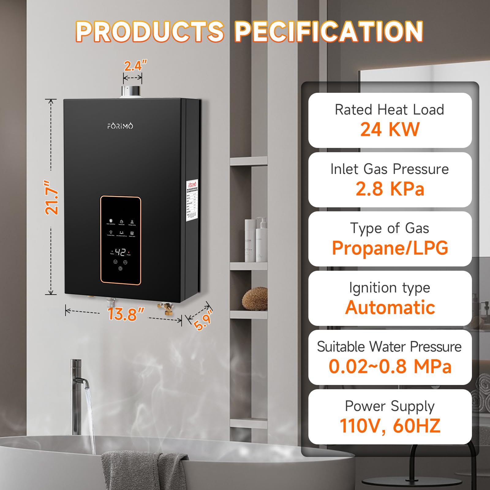 Calentador de agua sin tanque, propano, 4.21 GPM 18 L en interiores, calentador de agua instantáneo de gas propano caliente, con visualización digital Fahrenheit, multiprotección (gris) (LPG)