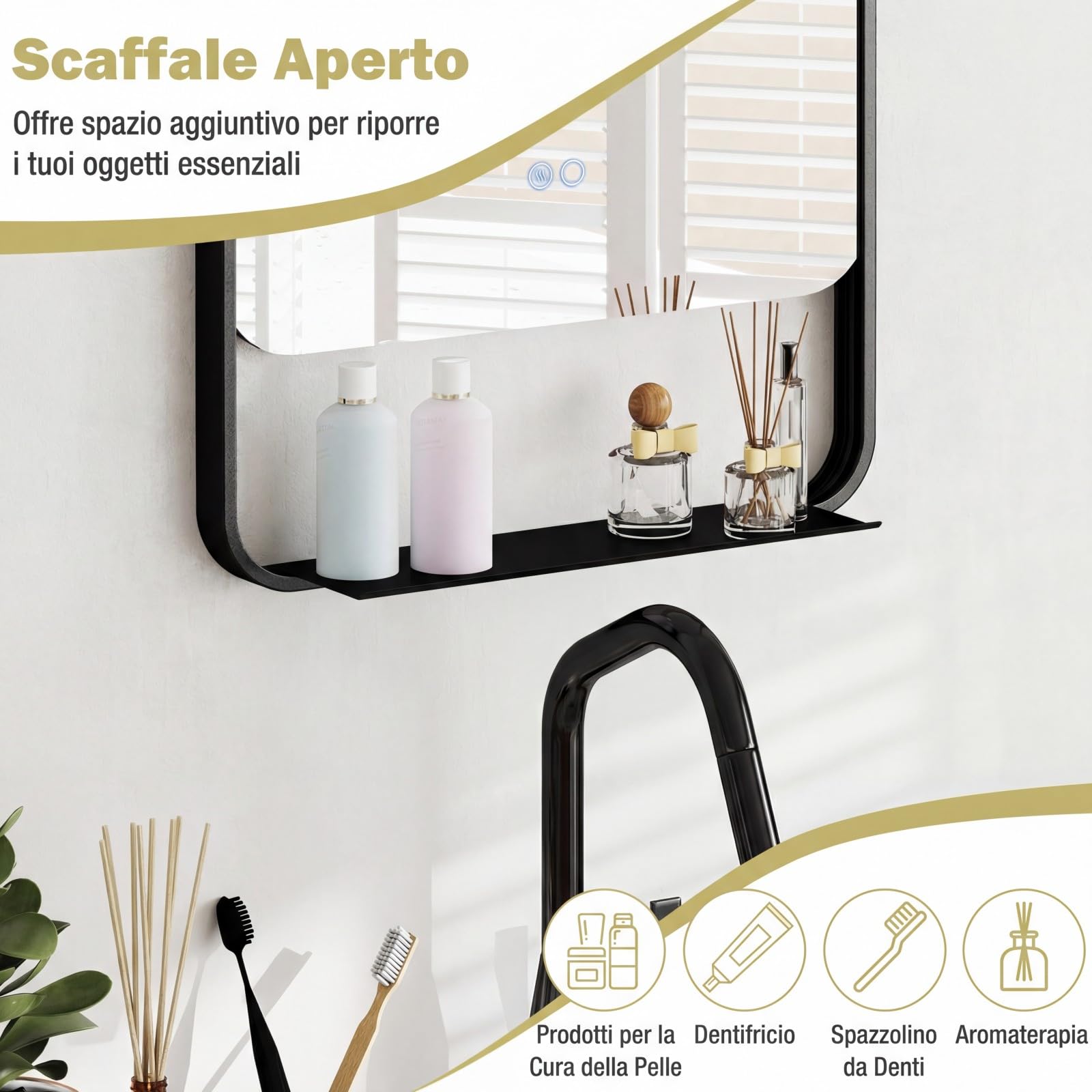 COSTWAY Specchio da Bagno LED 80 x 60 cm con Mensola, Specchio da Trucco con Cornice in Alluminio, Funzione Antiappannamento, 3 Colori di Luce e Luminosità Regolabile, Specchio da Parete