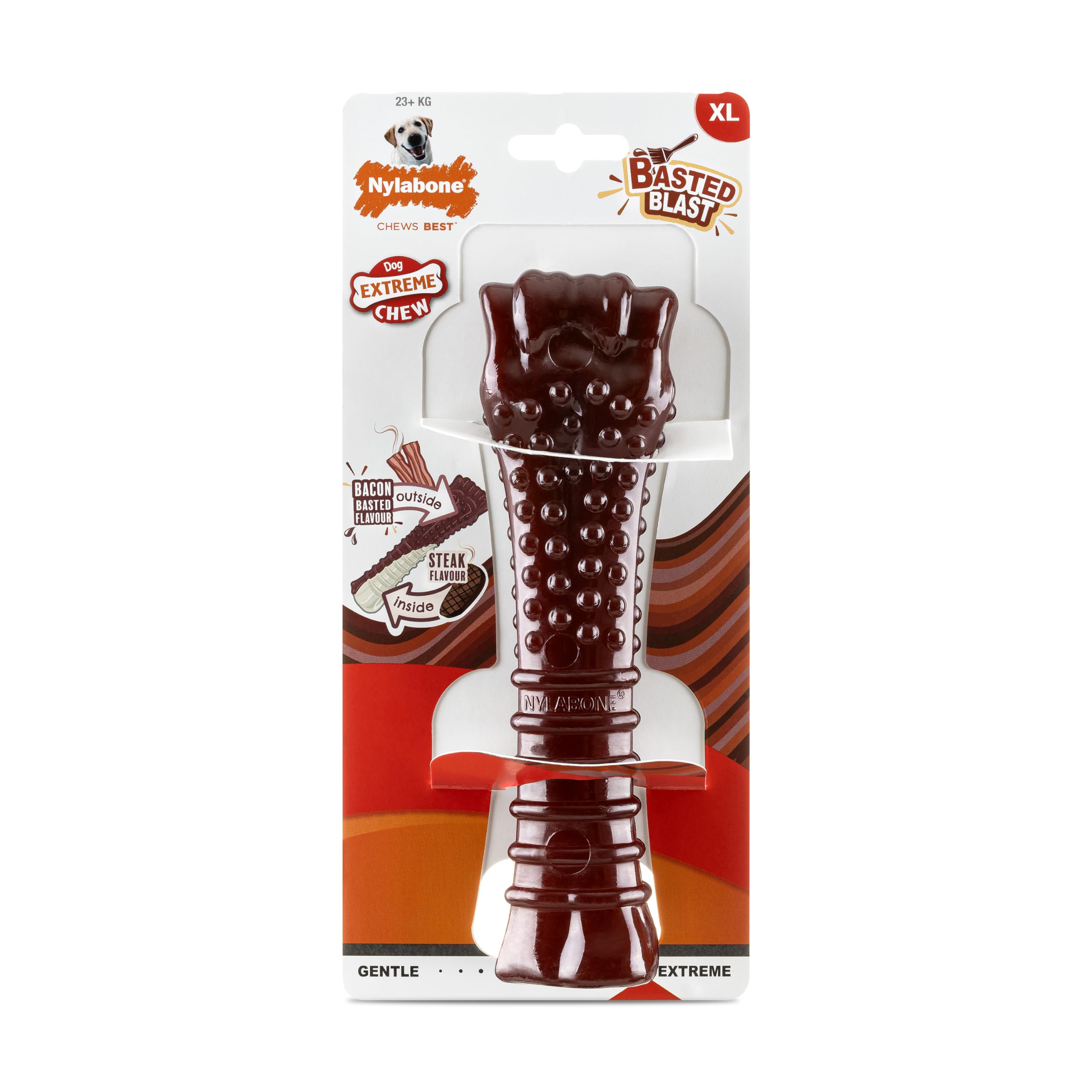 Nylabone, Basted Blast, bardzo silny efekt żucia, zabawka dla psa wykonana z wytrzymałego nylonu, kształt kości, trwała kość do żucia, smak: boczek i steki, bardzo duża, dla psów powyżej 23 kg