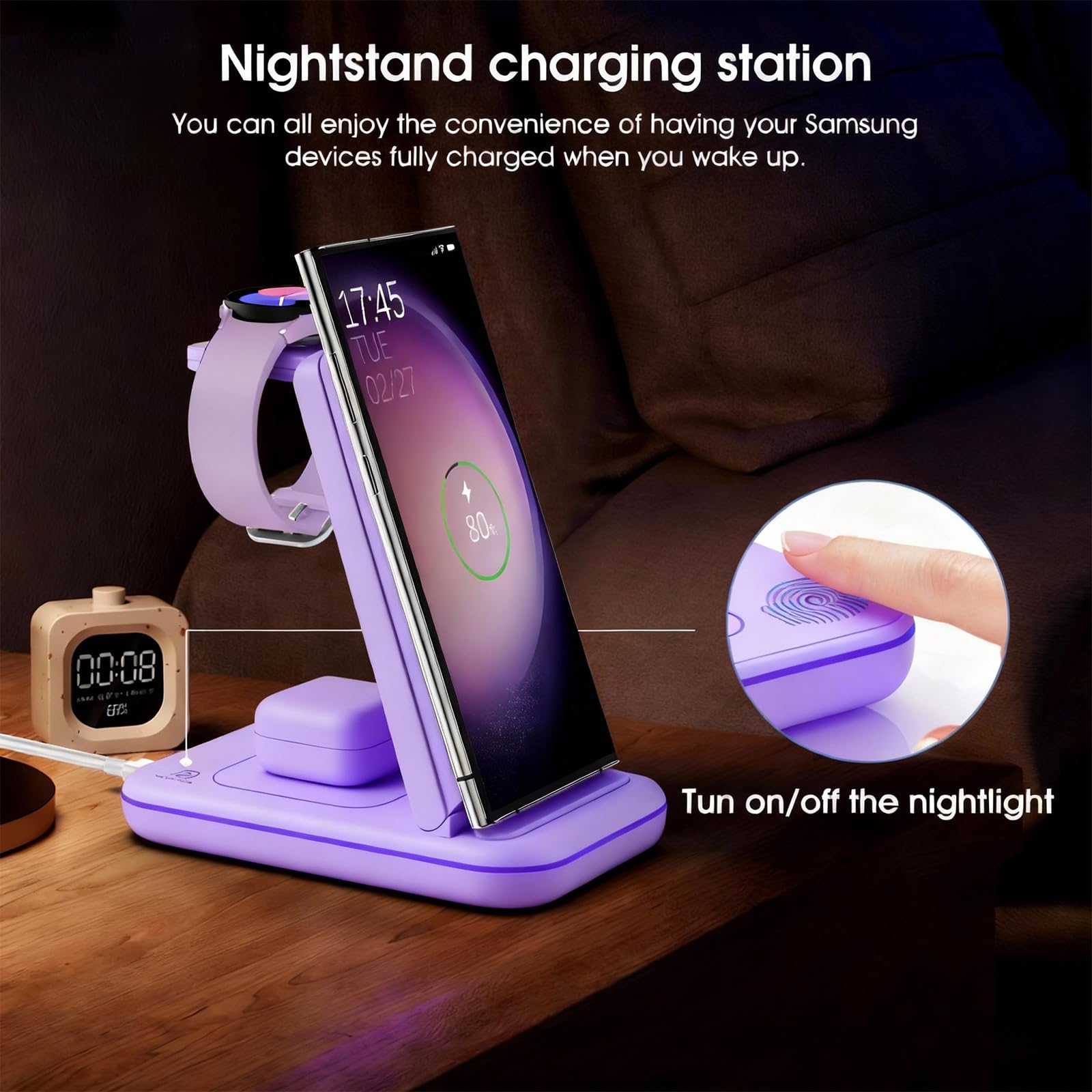 Station de charge sans fil pour Samsung/Android, station de charge rapide sans fil compatible avec Samsung Galaxy S26 Ultra/S25/S24+/Z Flip 7/6 Fold 7/6, Watch8/7/Pro/Active 2 Galaxy Buds3/2 Pro
