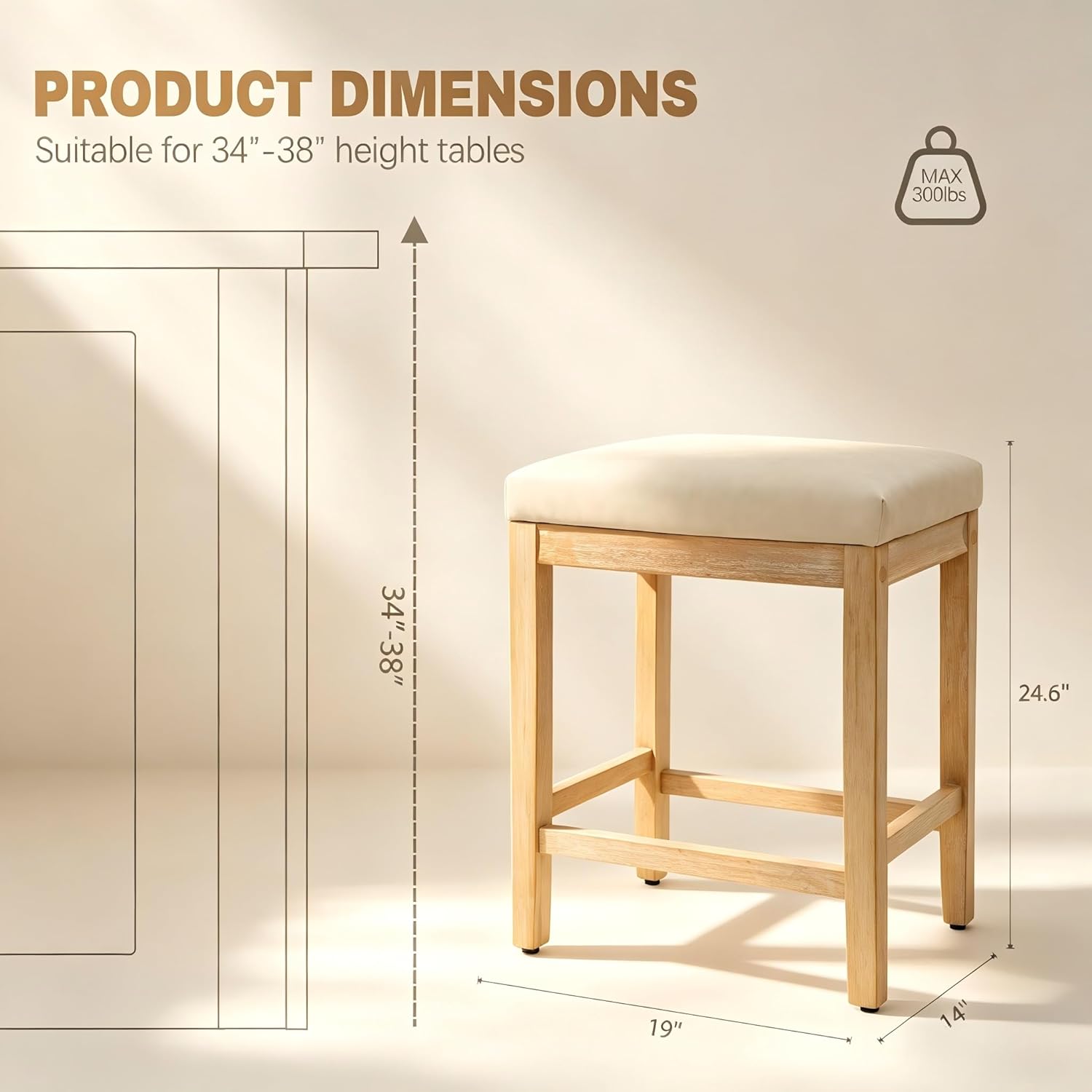 RNKSFX Counter Height Bar Stools Set of 4 for Kitchen Counter Farmhouse Modern Backless Barstools with Faux Leather Upholstered Seat and Solid Wood Legs 24 inch Bar Chairs, Khaki + Wood Color