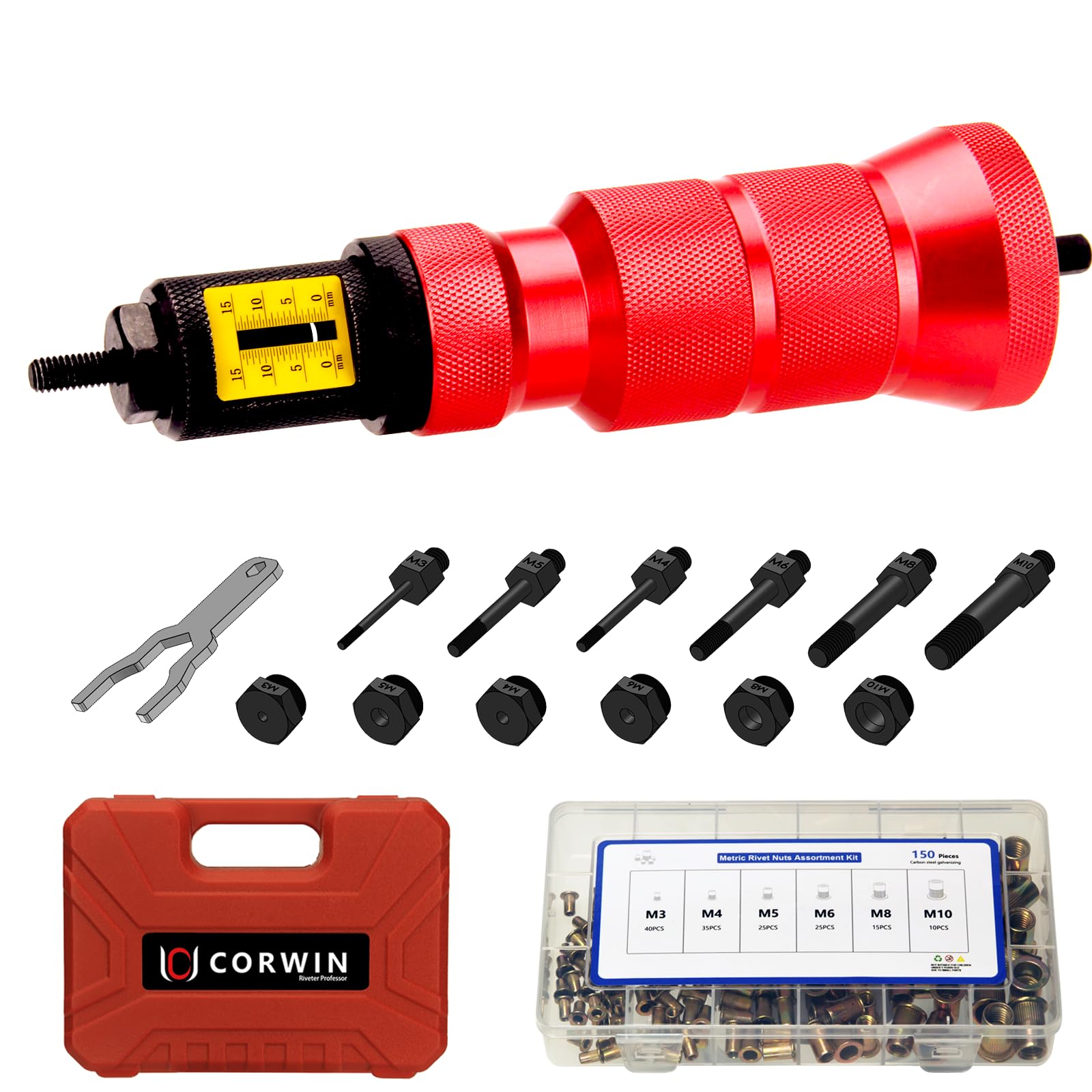 CORWIN X1S Rivet Nut Drill Adapter Kit - Overload Protection & Stroke Monitor, Prevents Mandrel Breakage, Includes Blow Molded Case and 150 pcs Rivet Nuts