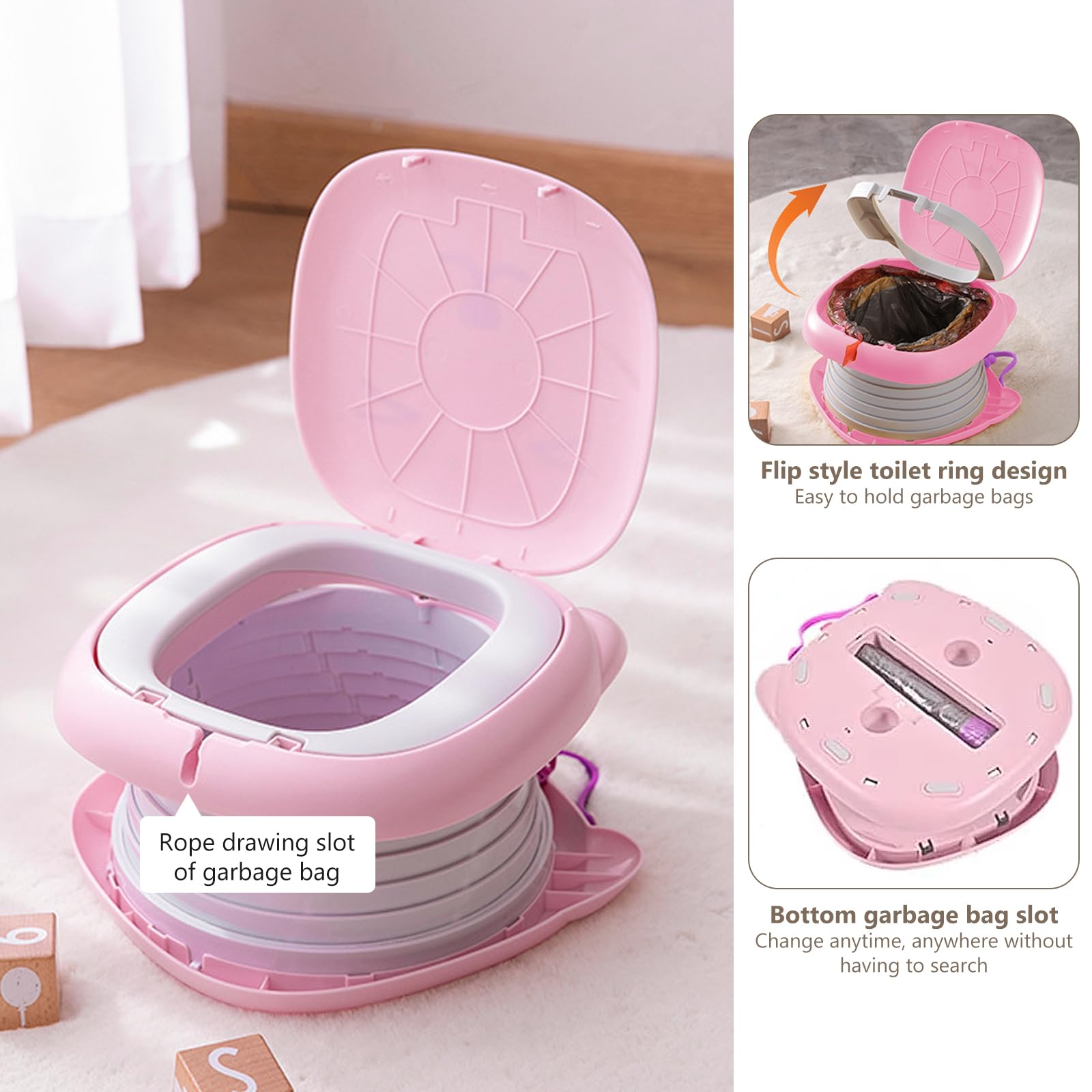 Vasino Portatile per Bambini da Viaggio, Vasino da Viaggio per Bambini con 15 Sacchetti Vasino per Bambini WC Pieghevole Rosa Compatto e Sicuro Ideale per Uso Interno Esterno Auto o Campeggio, Rosa