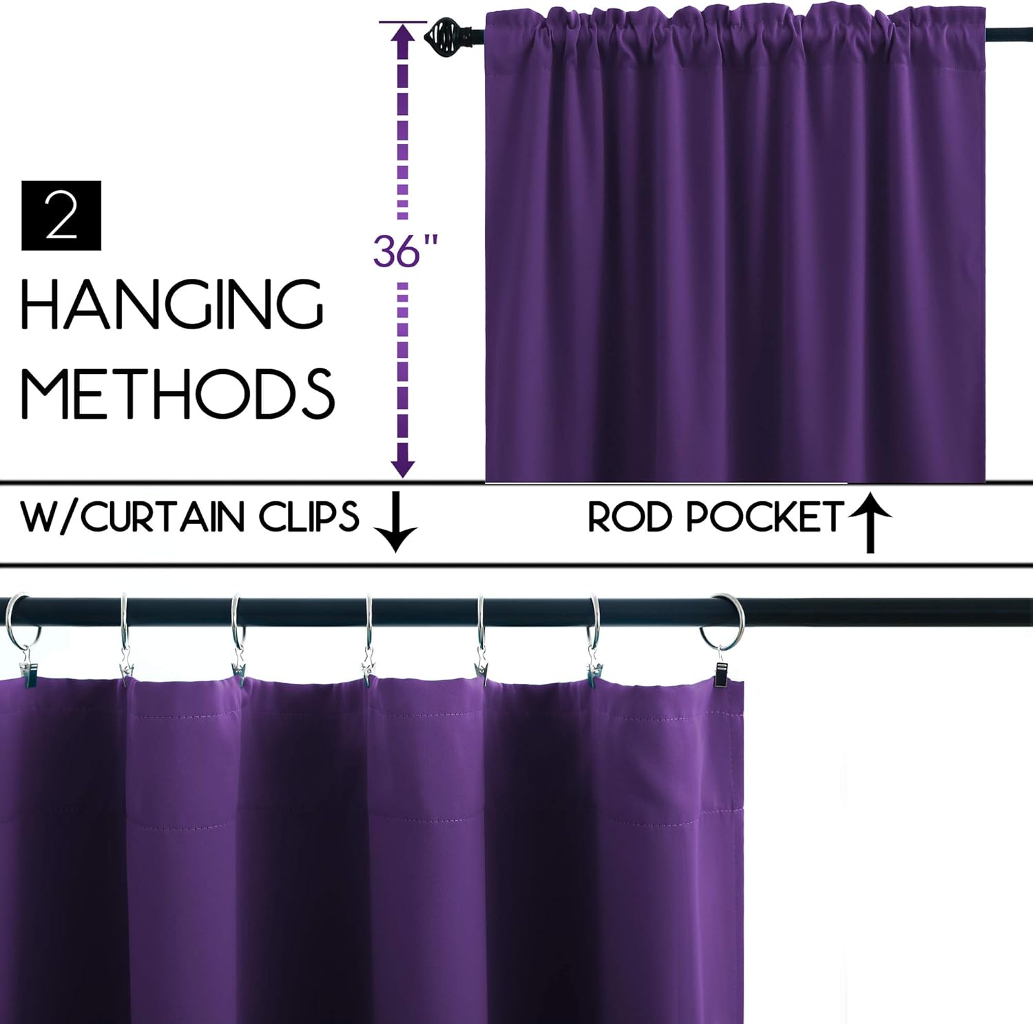 KOUFALL Purple Curtains for for Bedroom Kitchen,Blackout Short Black Out Curtains 36 Inch Long
