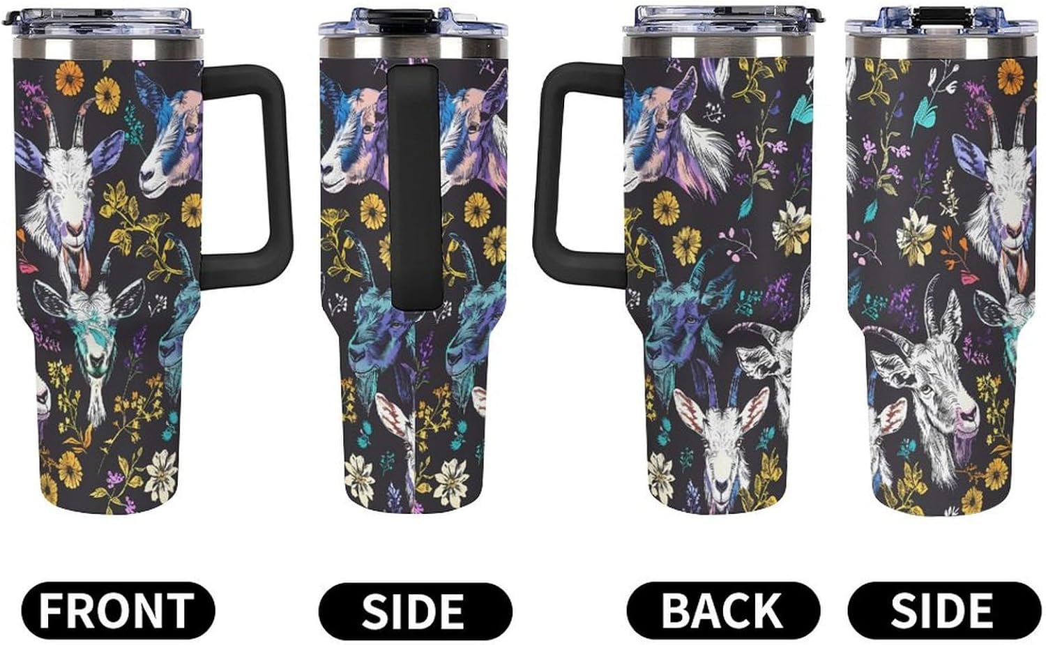 Goat and Flowers Tumbler with Handle and Straw Lid Stainless Steel Insulated Travel Mug Large Capacity Car Cup 40 OZ