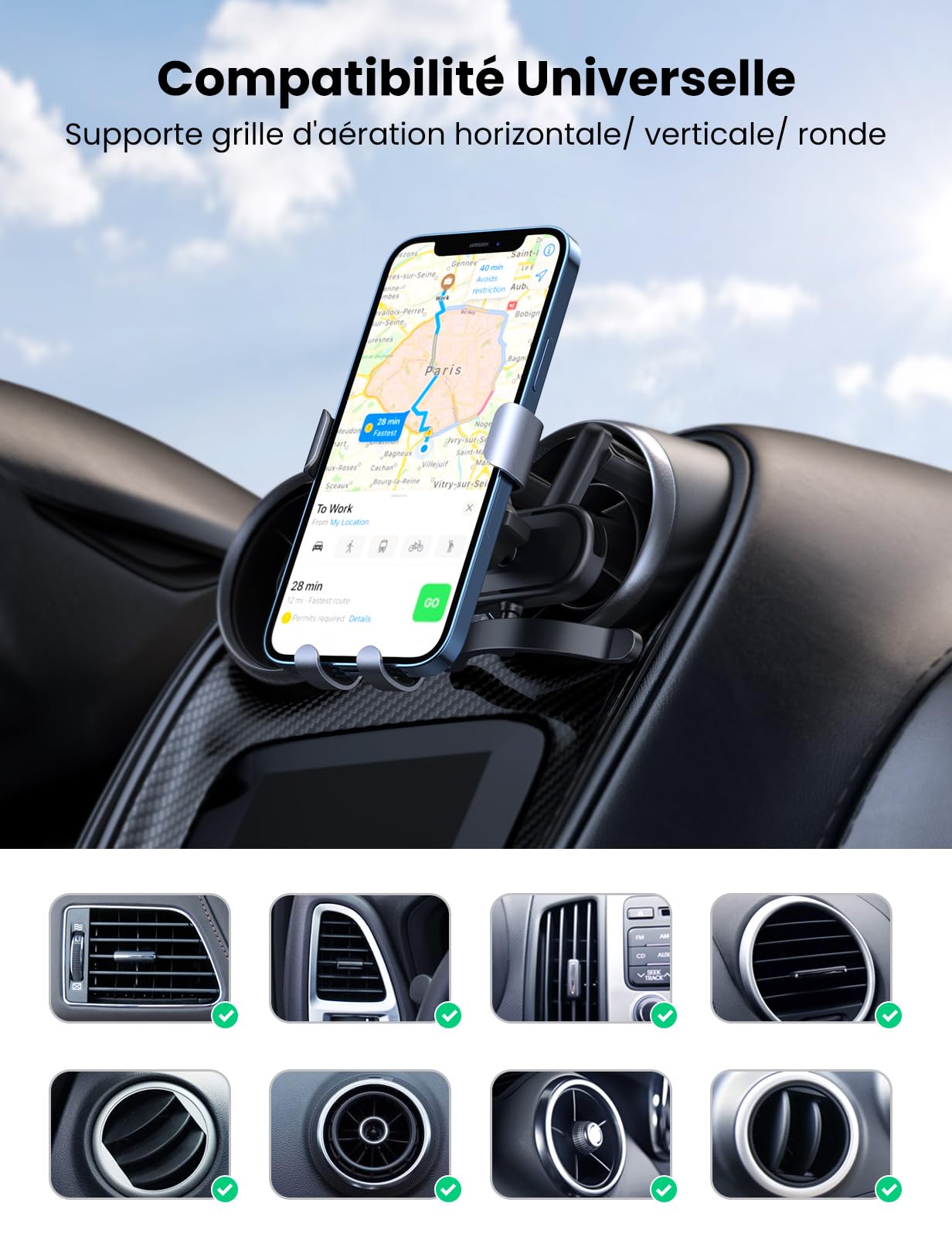 Support Téléphone Voiture Pour Grille D'aération - Pince Ajustable, Rotation 360° - Compatible IPhone, Samsung, Android - Modèle Universel